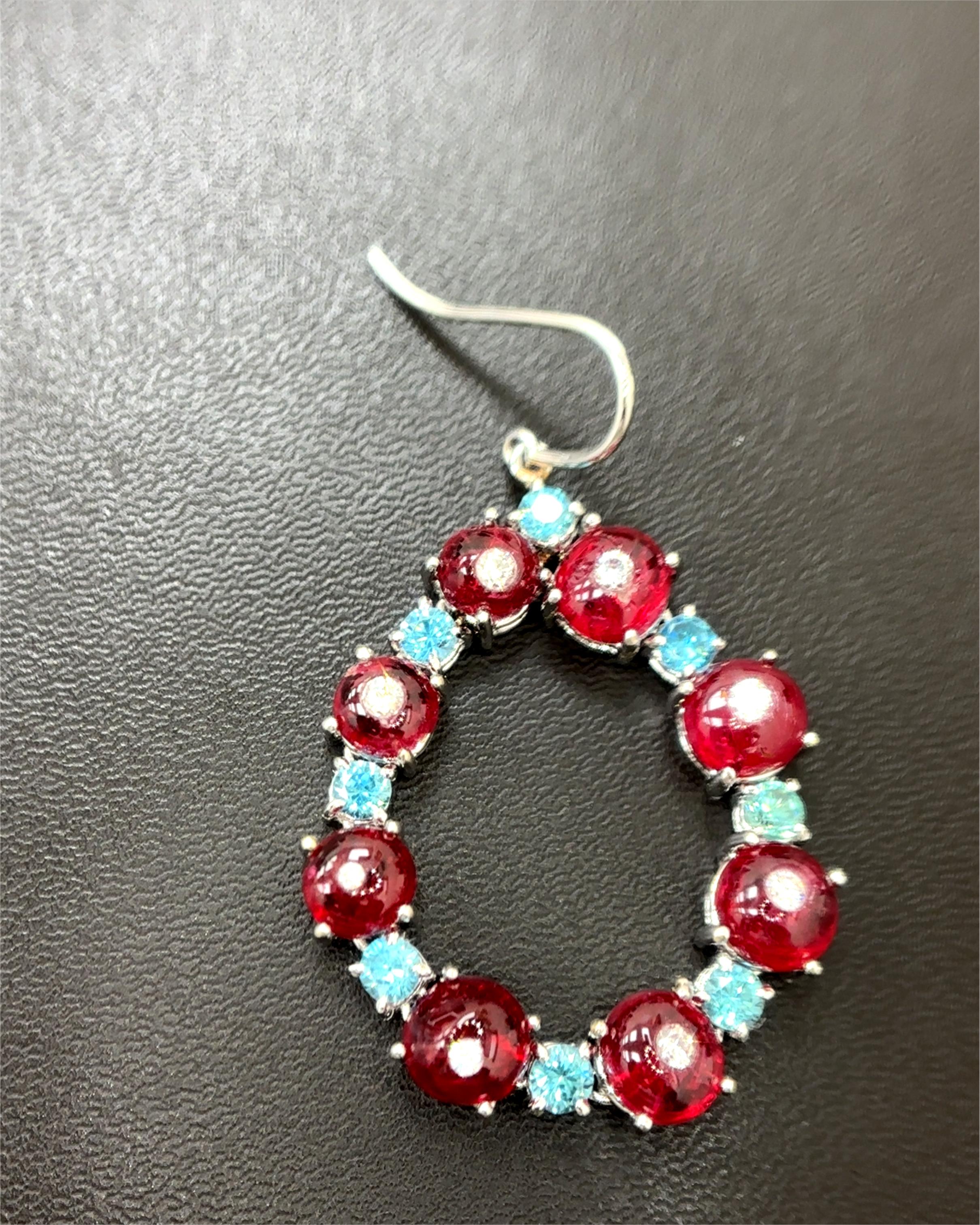 Burma No Heat Vivid Red Spinel Beads Blue Zircon Diamond 18K White Gold Earrings In New Condition For Sale In Kowloon, HK