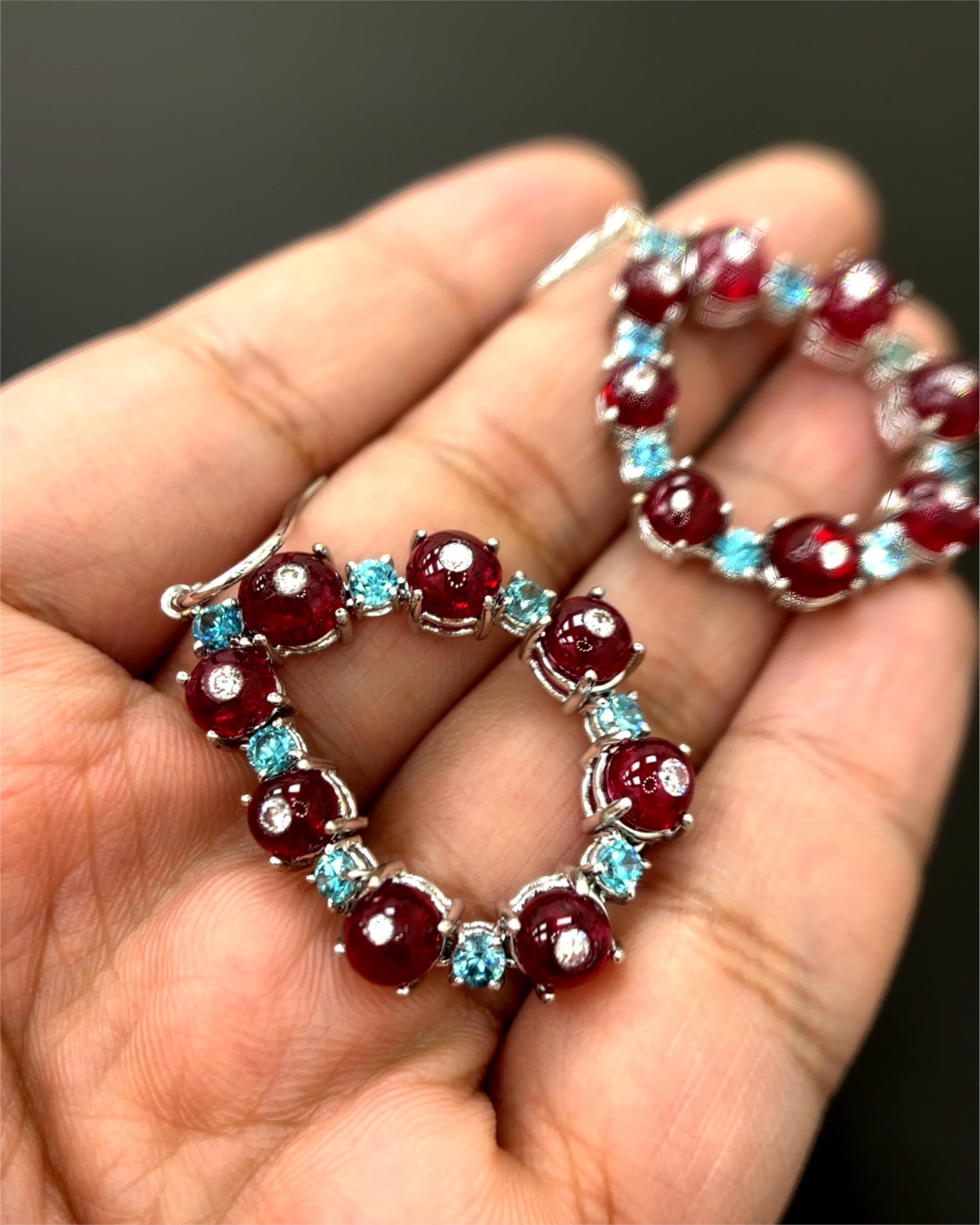 Women's or Men's Burma No Heat Vivid Red Spinel Beads Blue Zircon Diamond 18K White Gold Earrings For Sale
