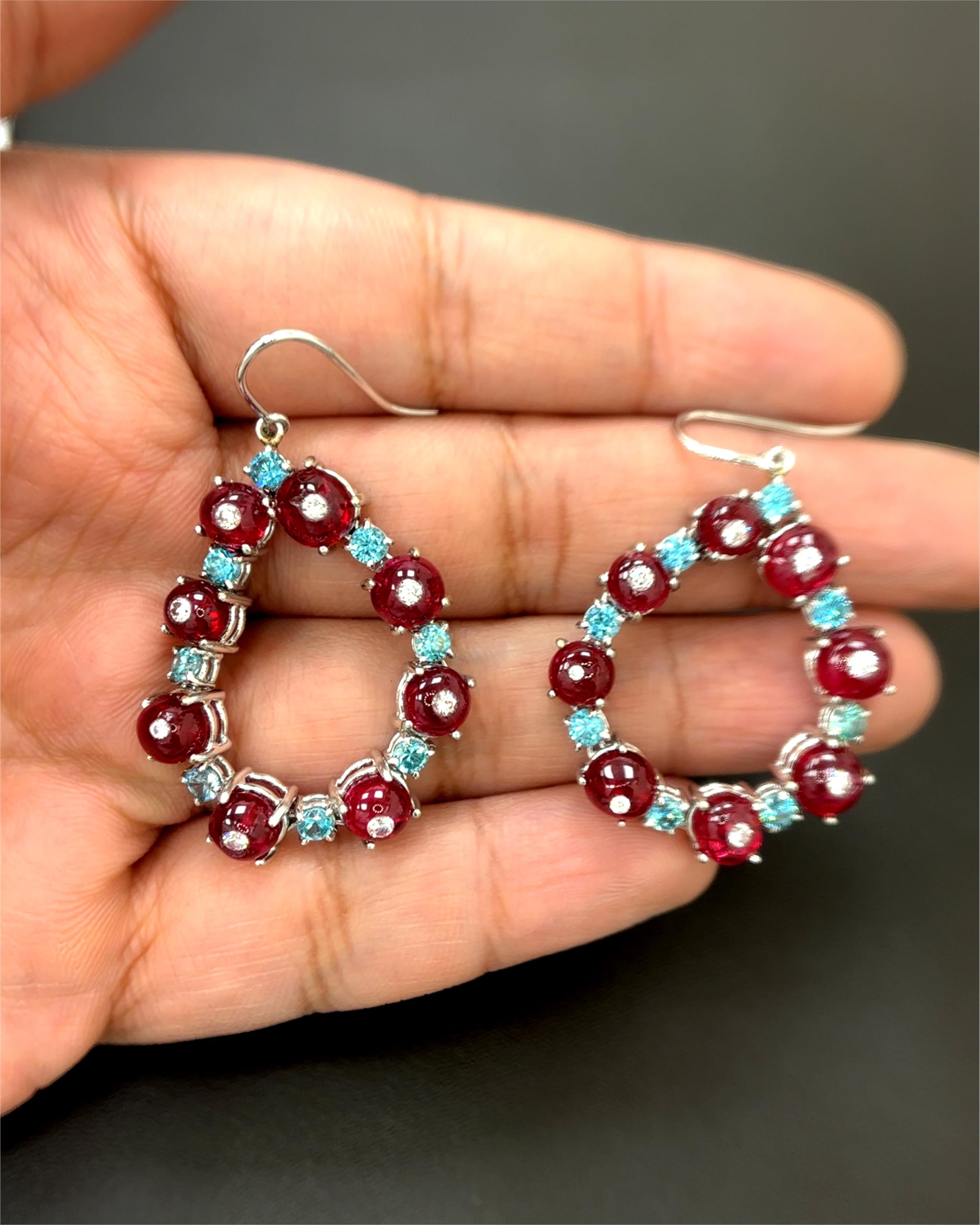Burma No Heat Vivid Red Spinel Beads Blue Zircon Diamond 18K White Gold Earrings For Sale 1