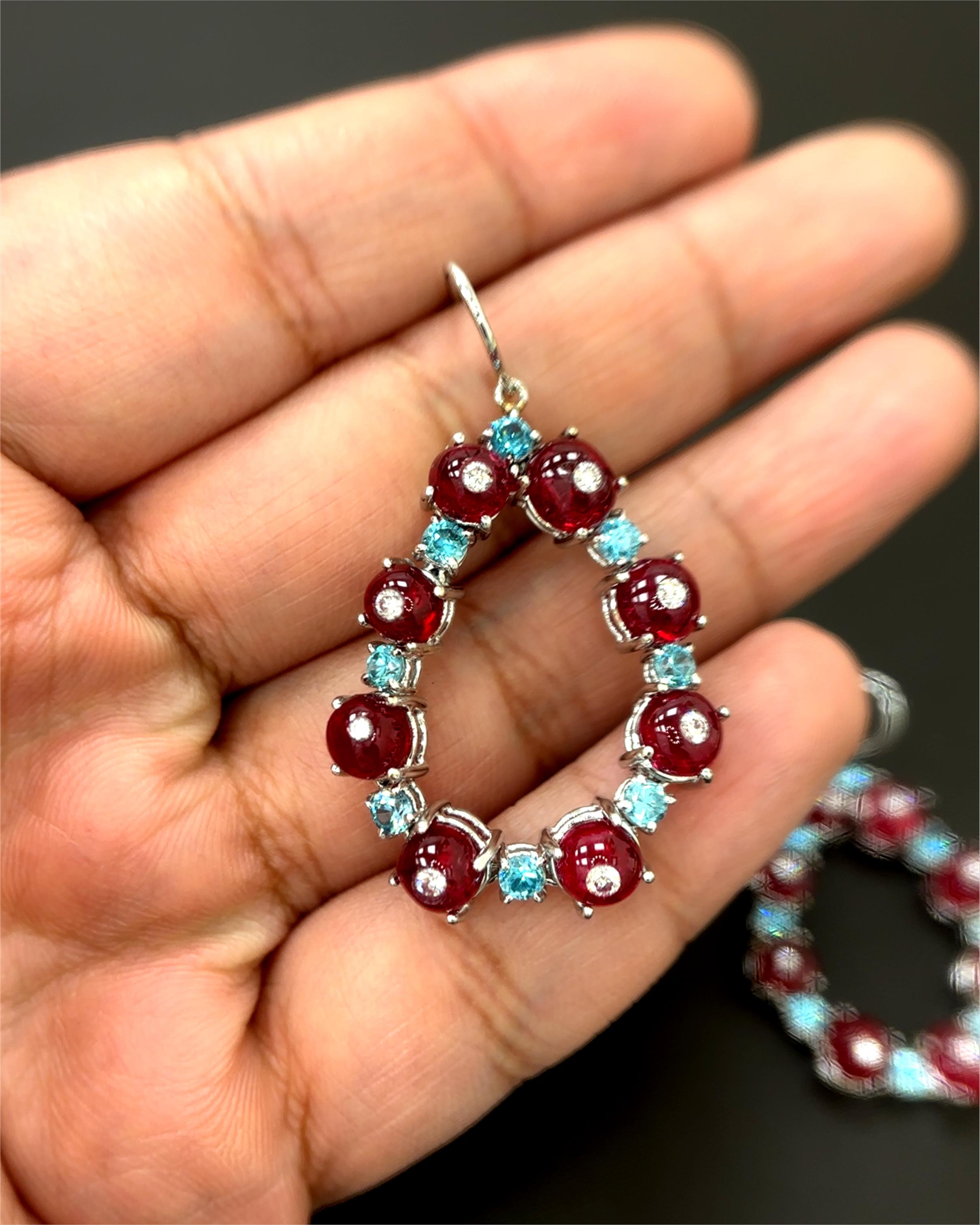 Burma No Heat Vivid Red Spinel Beads Blue Zircon Diamond 18K White Gold Earrings For Sale 2