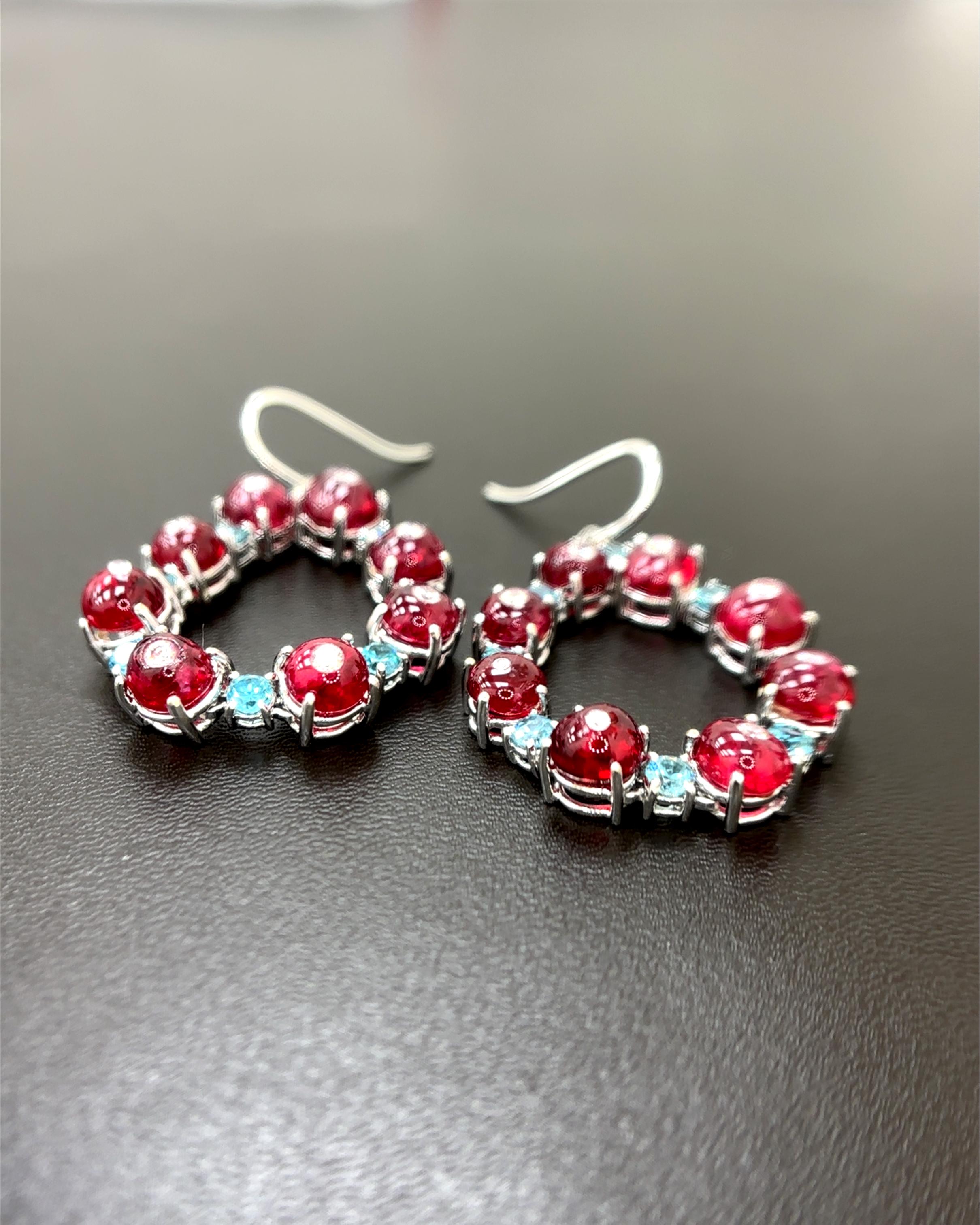Burma No Heat Vivid Red Spinel Beads Blue Zircon Diamond 18K White Gold Earrings For Sale 3