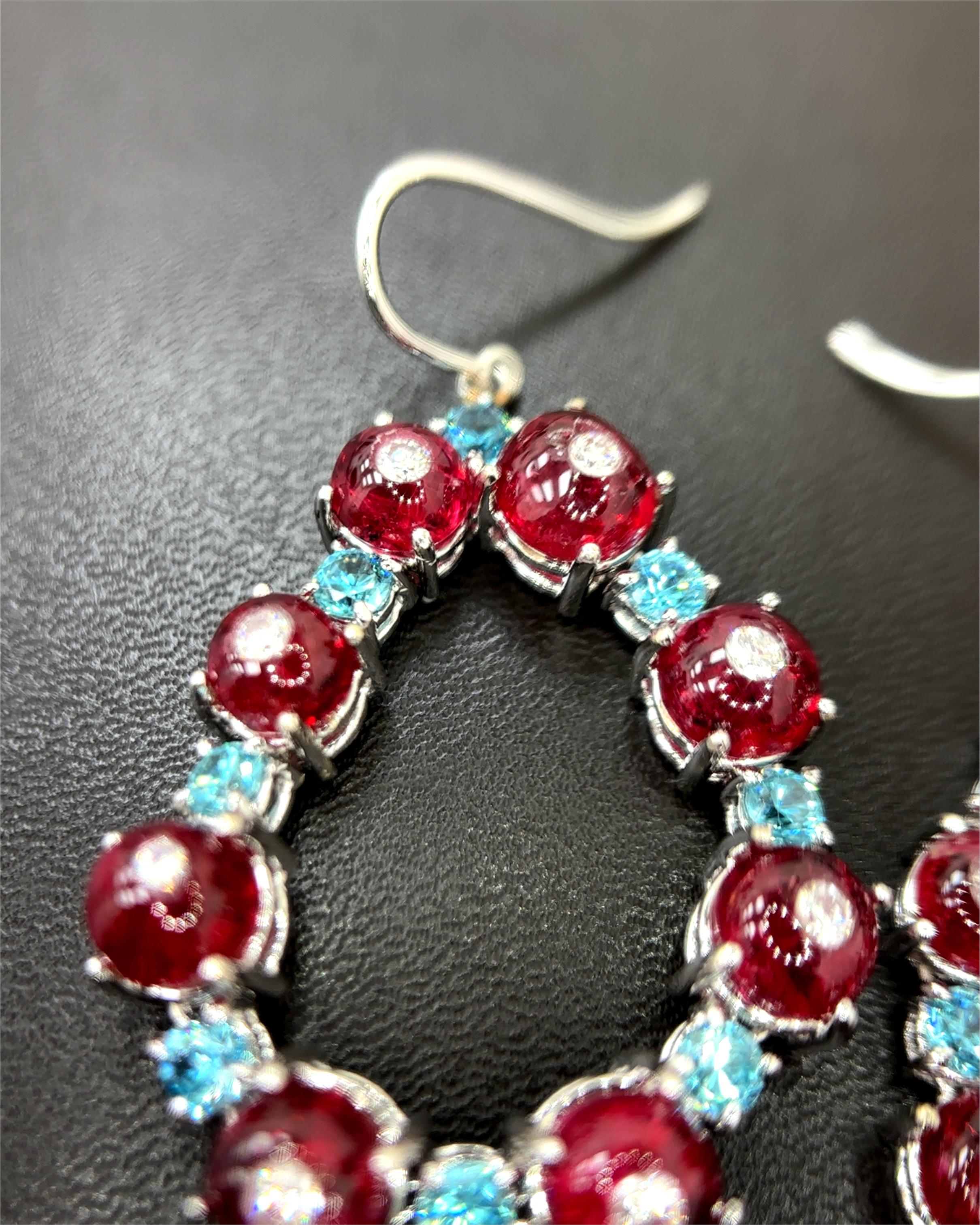 Burma No Heat Vivid Red Spinel Beads Blue Zircon Diamond 18K White Gold Earrings For Sale 4