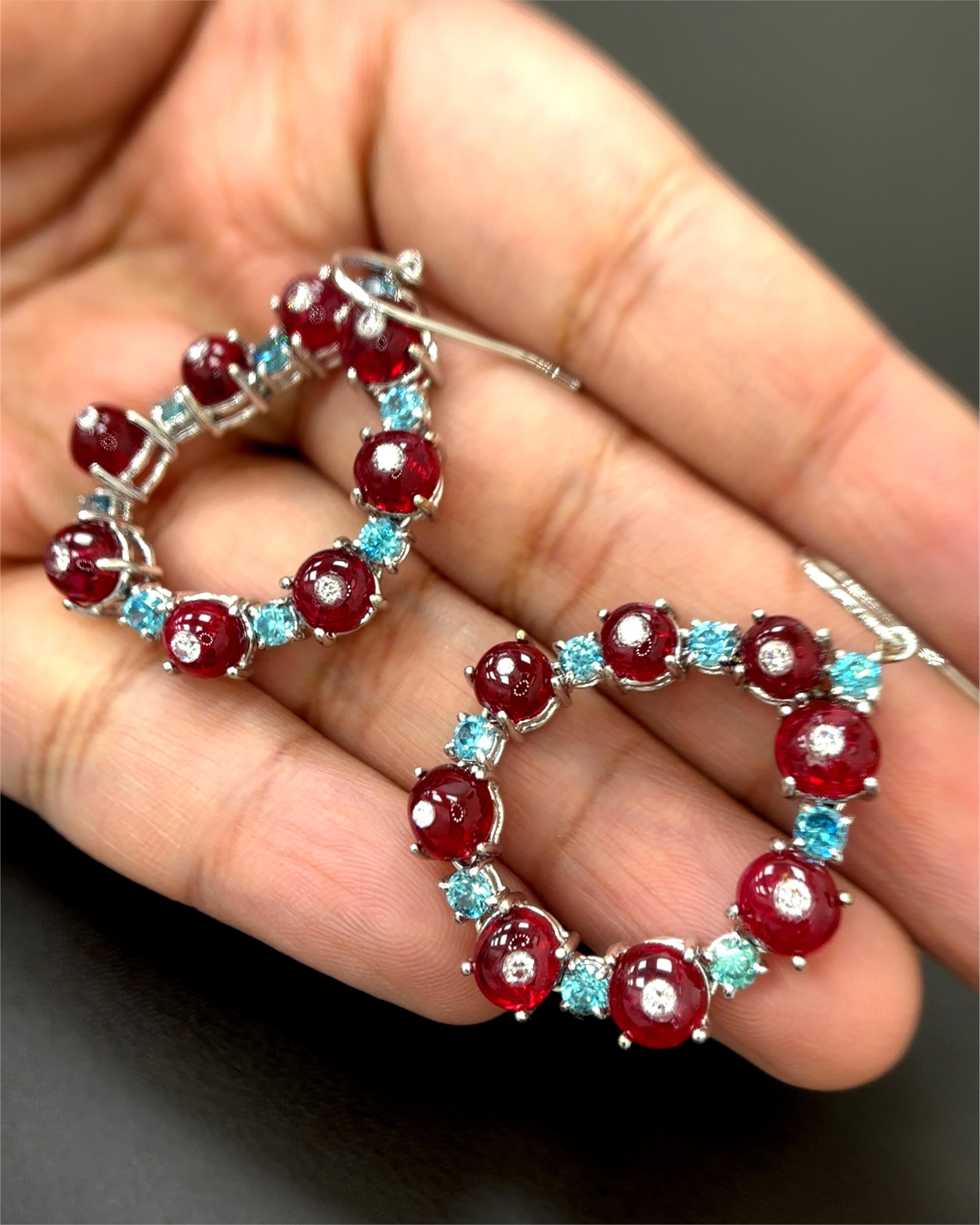 Burma No Heat Vivid Red Spinel Beads Blue Zircon Diamond 18K White Gold Earrings For Sale 5