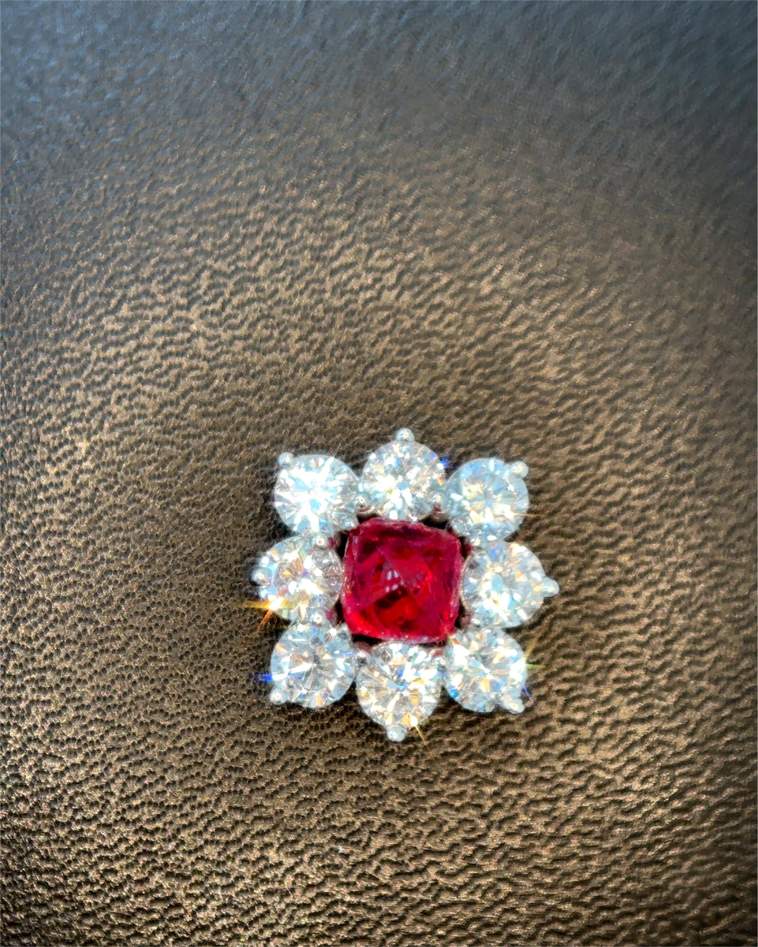 Sugarloaf Cabochon Burma No Heat Vivid Red Spinel Sugarloaf Diamond 18K White Gold Pendant Brooch For Sale