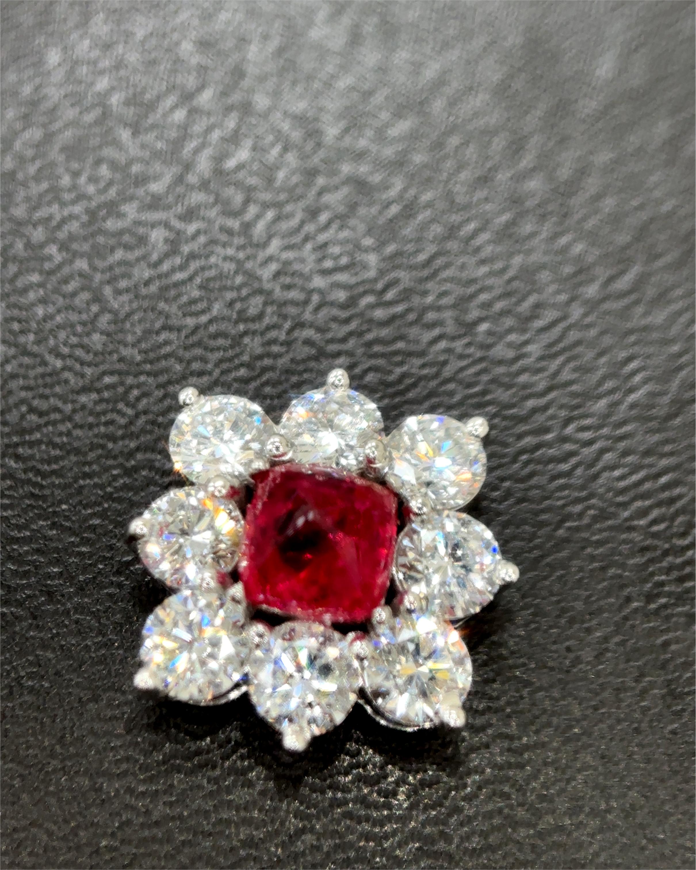 Women's or Men's Burma No Heat Vivid Red Spinel Sugarloaf Diamond 18K White Gold Pendant Brooch For Sale