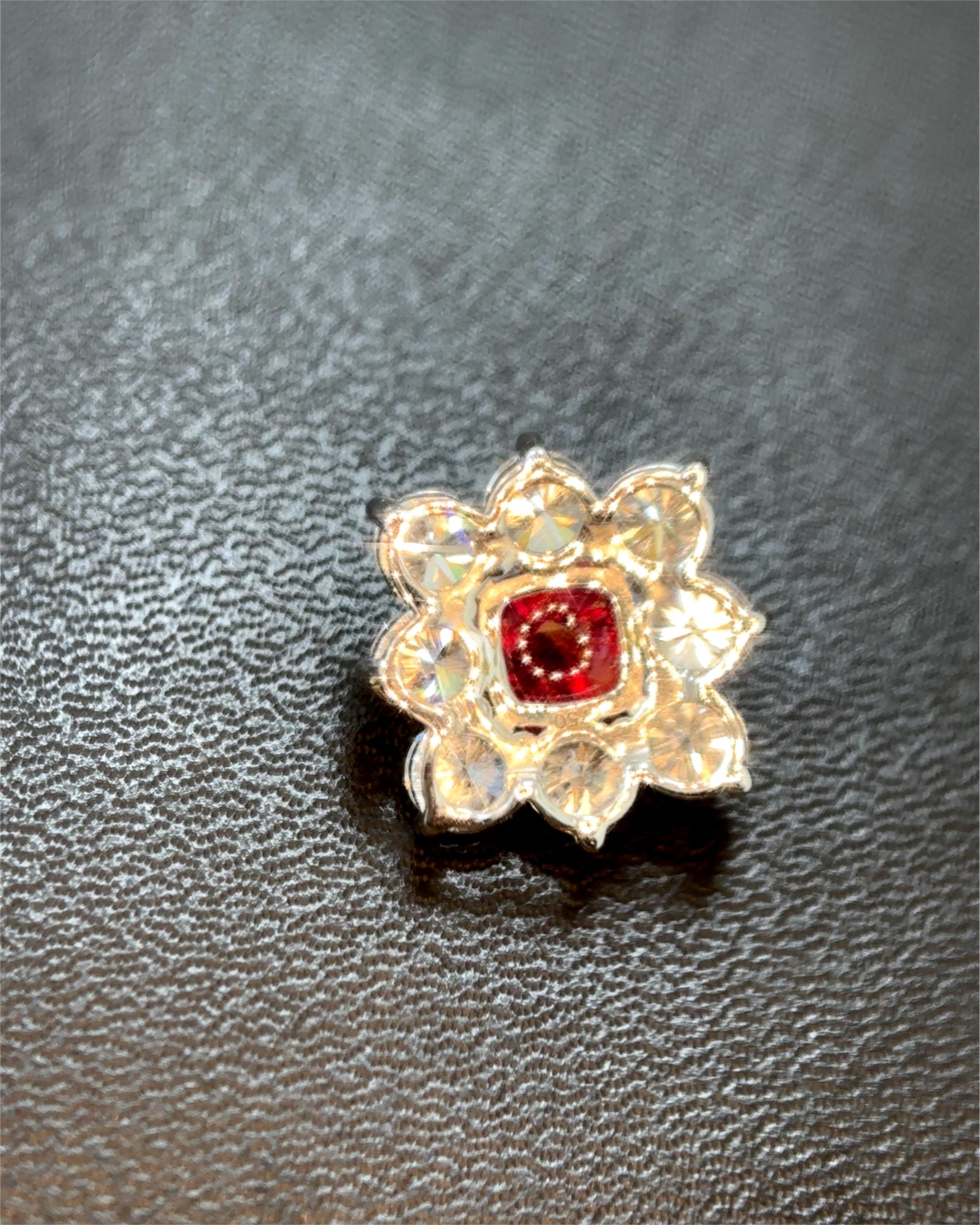 Burma No Heat Vivid Red Spinel Sugarloaf Diamond 18K White Gold Pendant Brooch For Sale 1