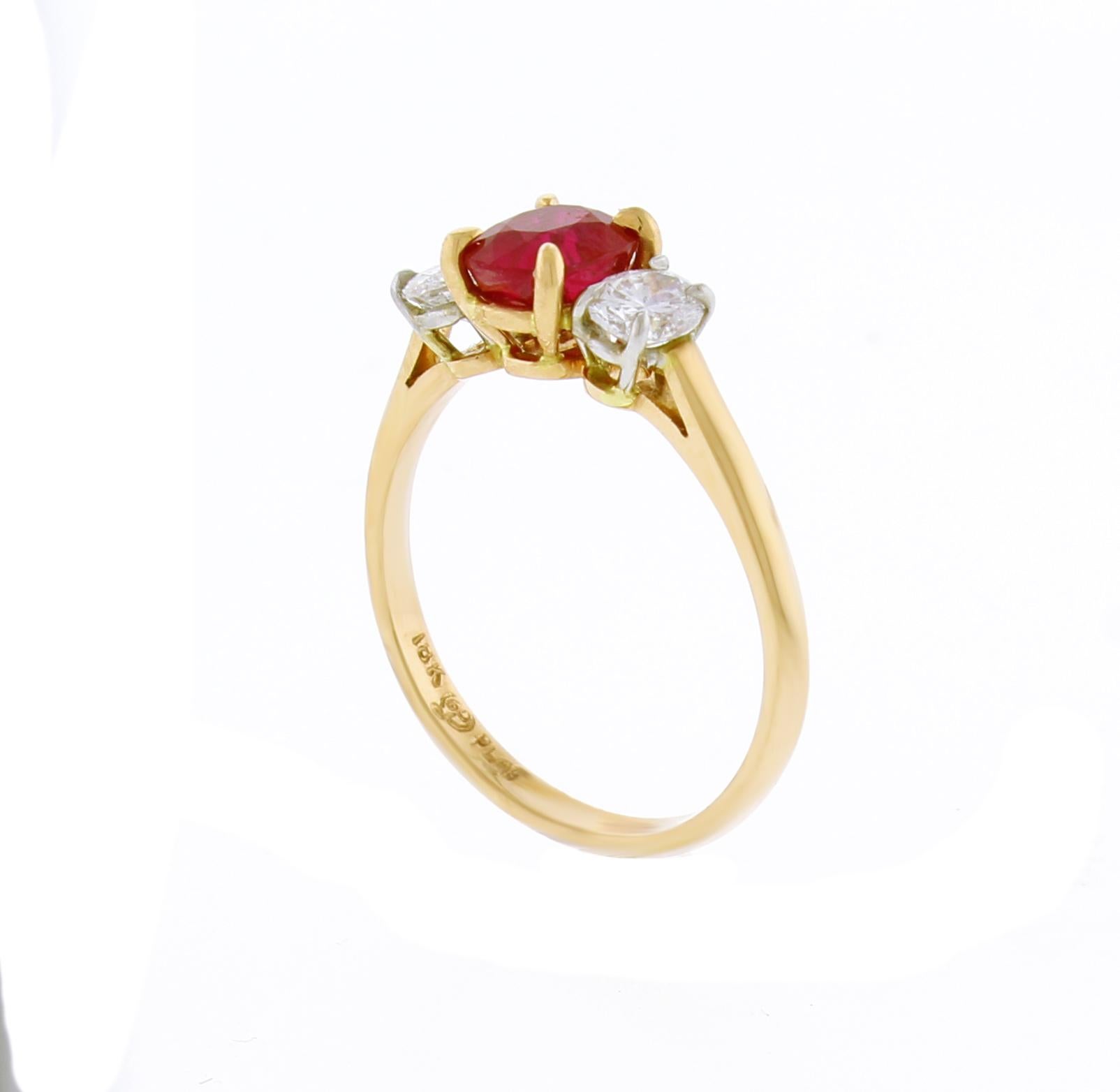 Oval Cut Burma Non Heated Ruby and Diamond Three-Stone Ring