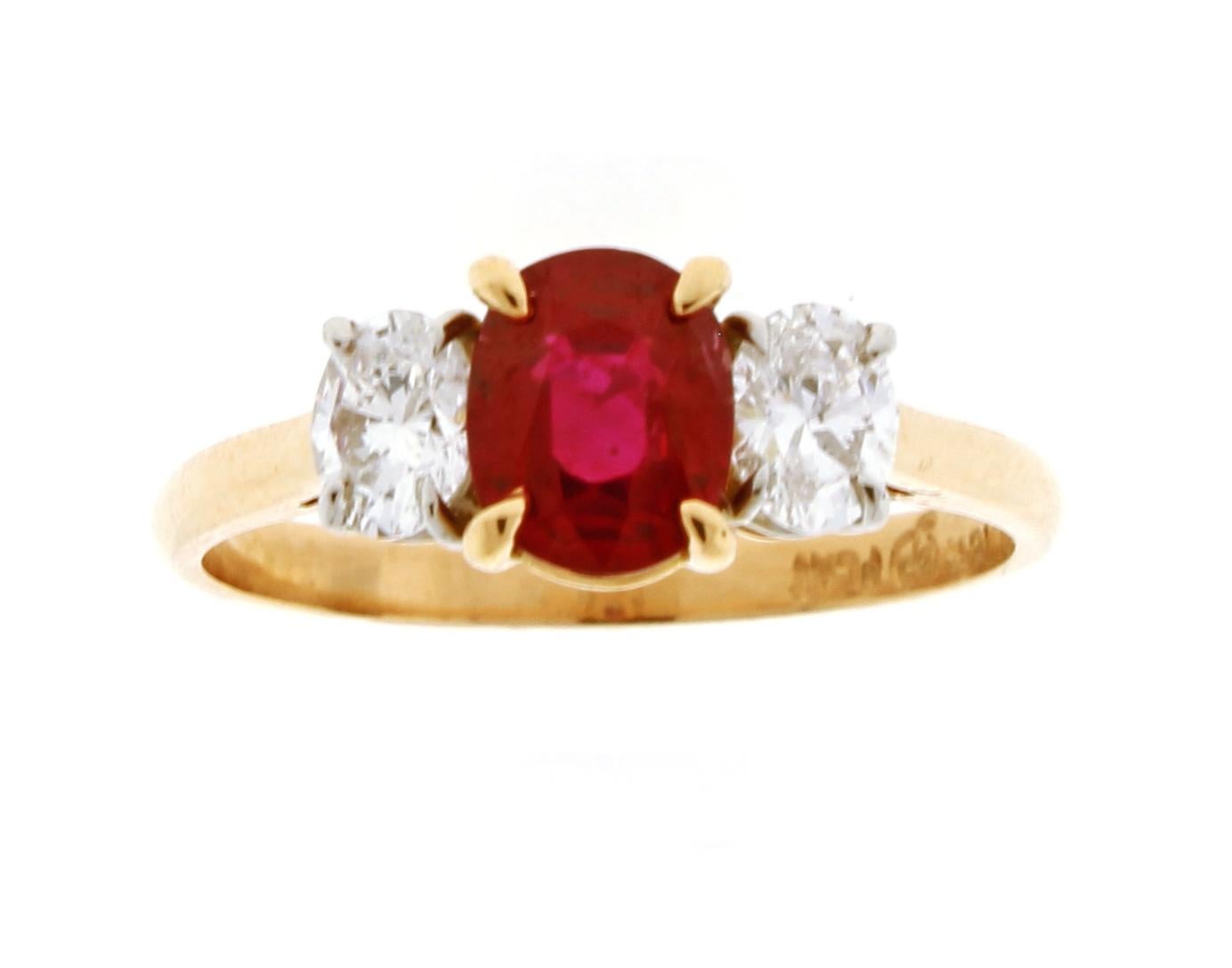 Burma Non Heated Ruby and Diamond Three-Stone Ring In New Condition In Bethesda, MD