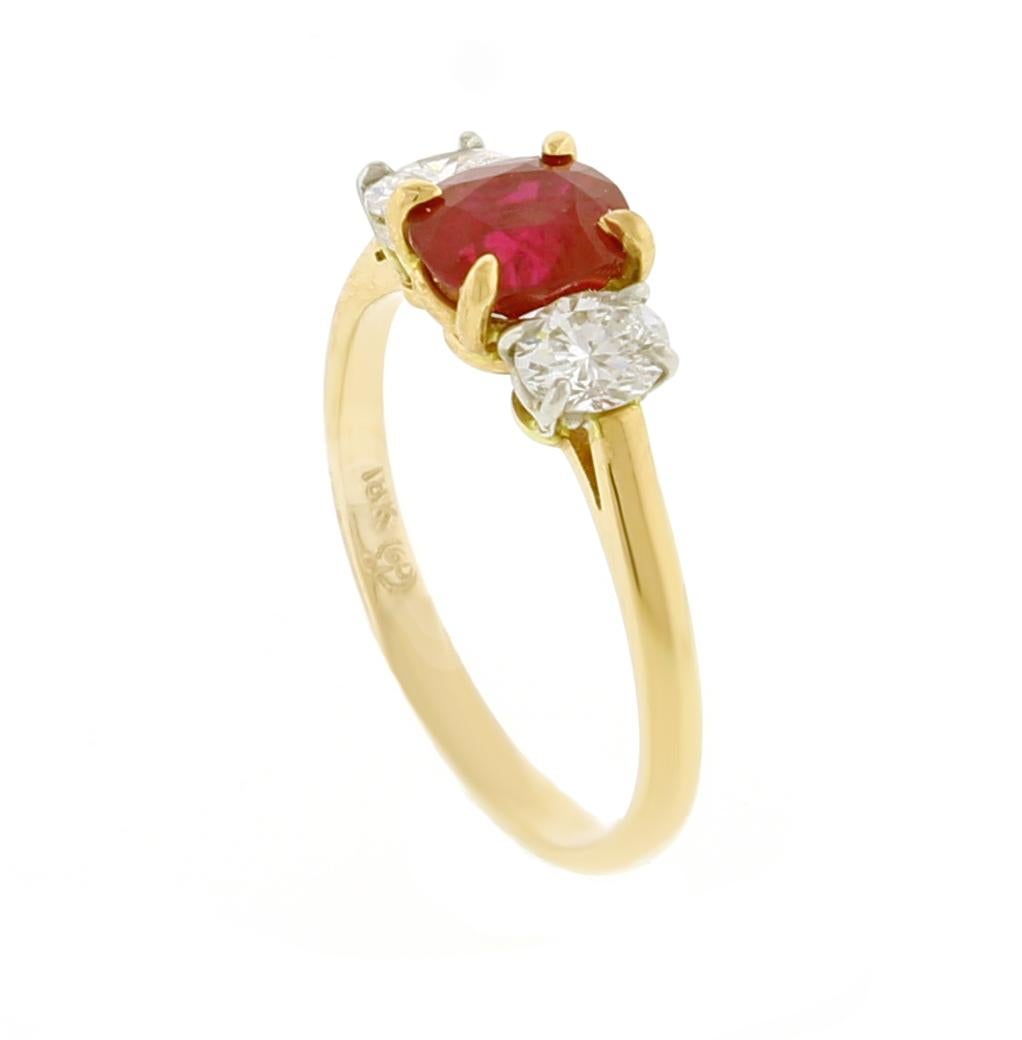 Women's or Men's Burma Non Heated Ruby and Diamond Three-Stone Ring For Sale