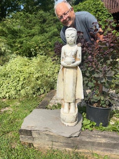 Burma  Old Gilt Hand-Carved Stone Garden Attendant With Beautiful Face