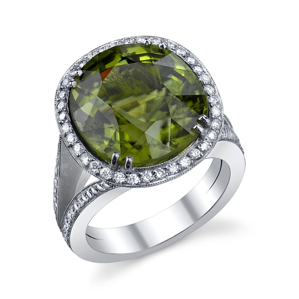 Contemporary 14 Carat Unique Burma Peridot and Diamond Ring For Sale