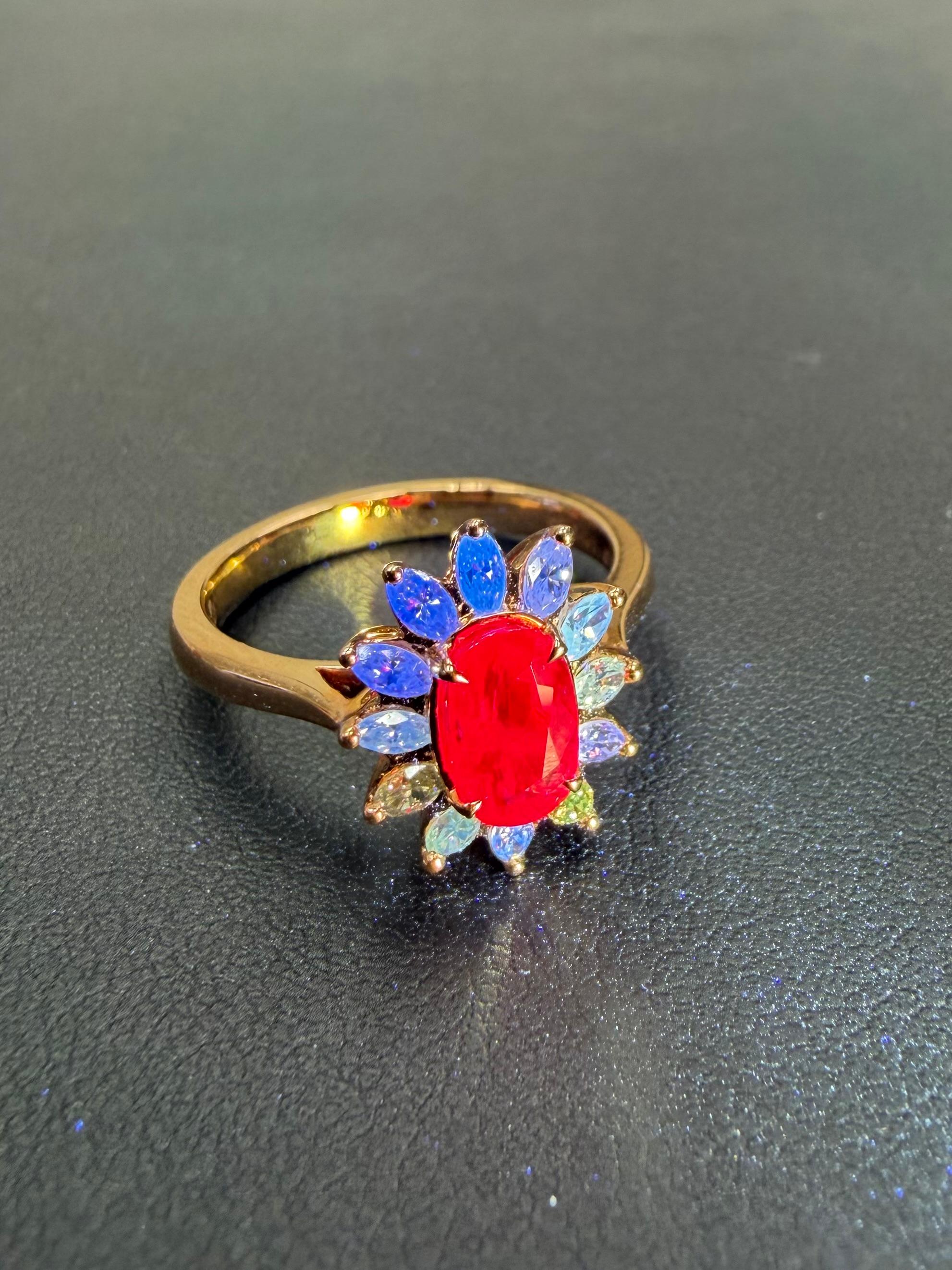 Bague fleur en rubis rouge sang de pigeon de Birmanie et diamant marquise. Or rose 18 carats. en vente 6