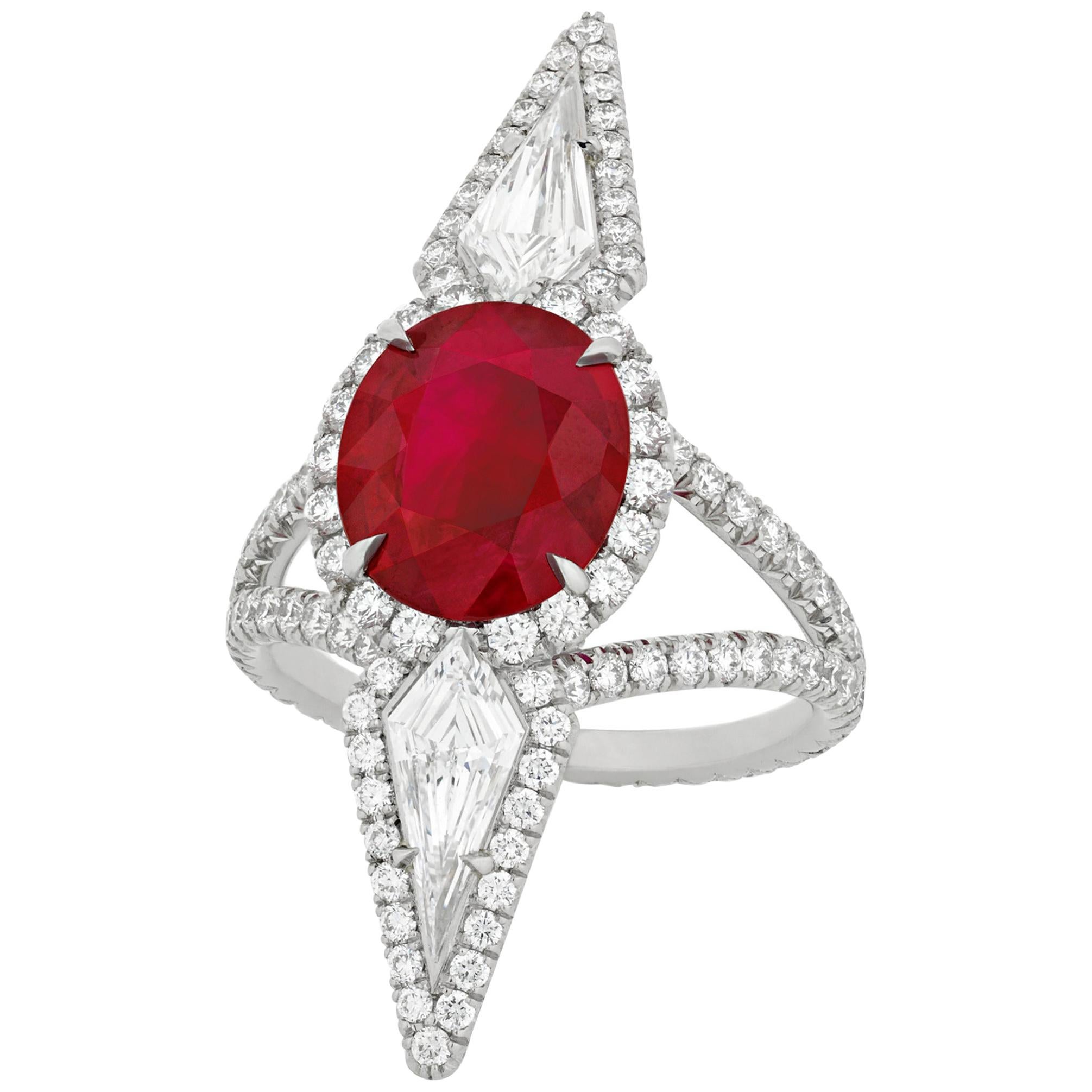 Bague en rubis de Birmanie couleur sang de pigeon et diamants de 3,16 carats