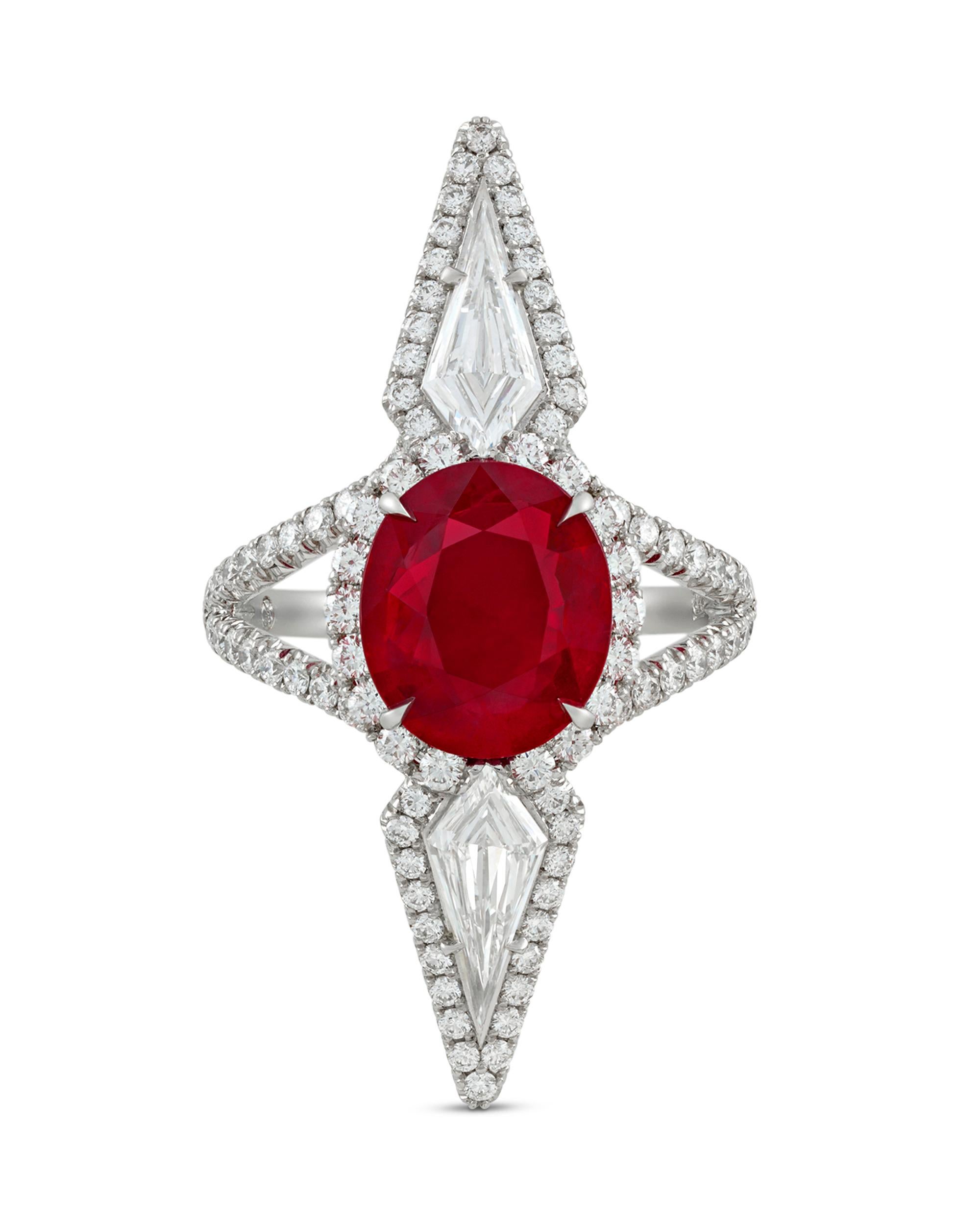 The amazing 3.16-carat Burma ruby in this phenomenal ring possesses the prized 