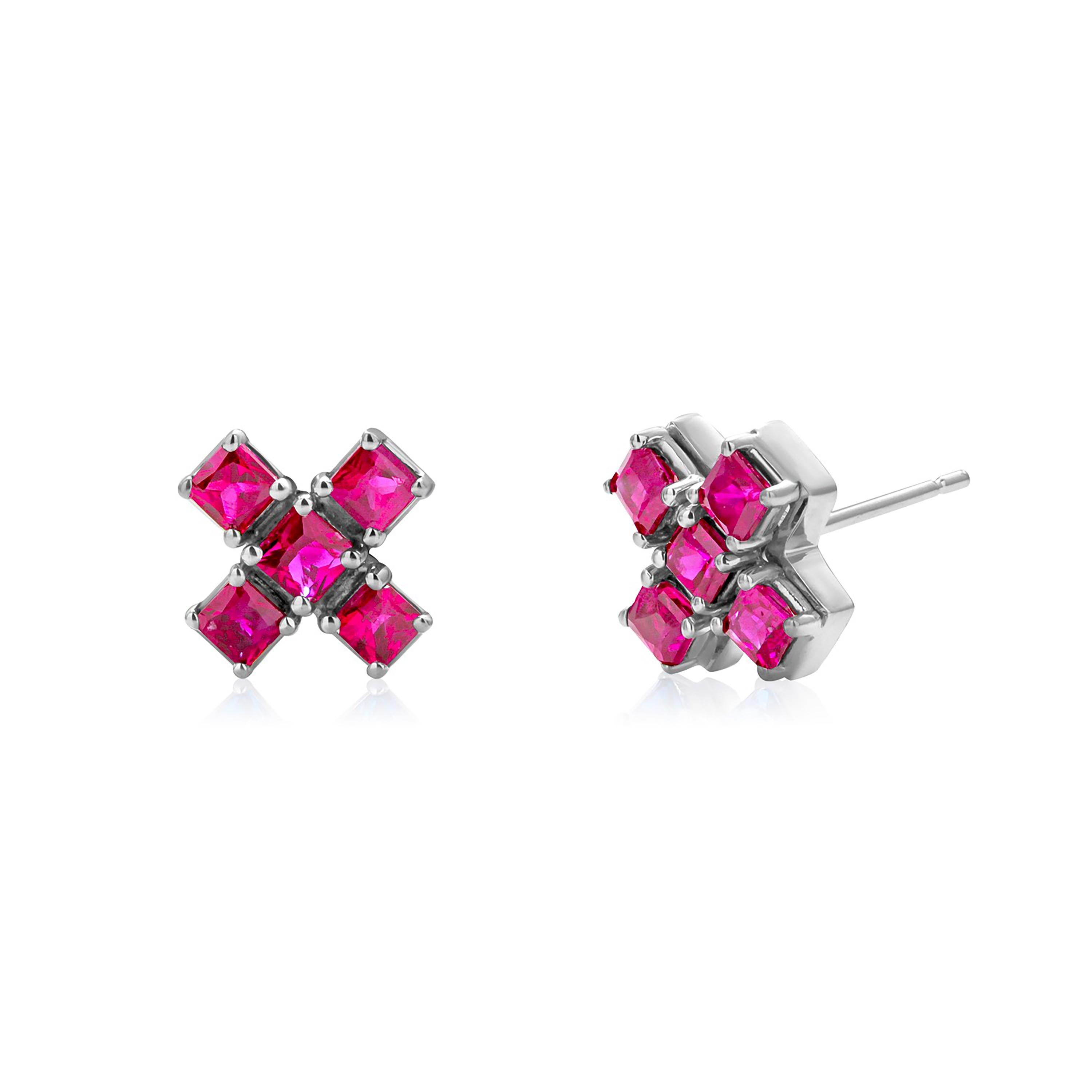 Princess Cut Burma Princess Rubies 2.95 Carat Eighteen Karat White Gold 0.45 Inch Earrings