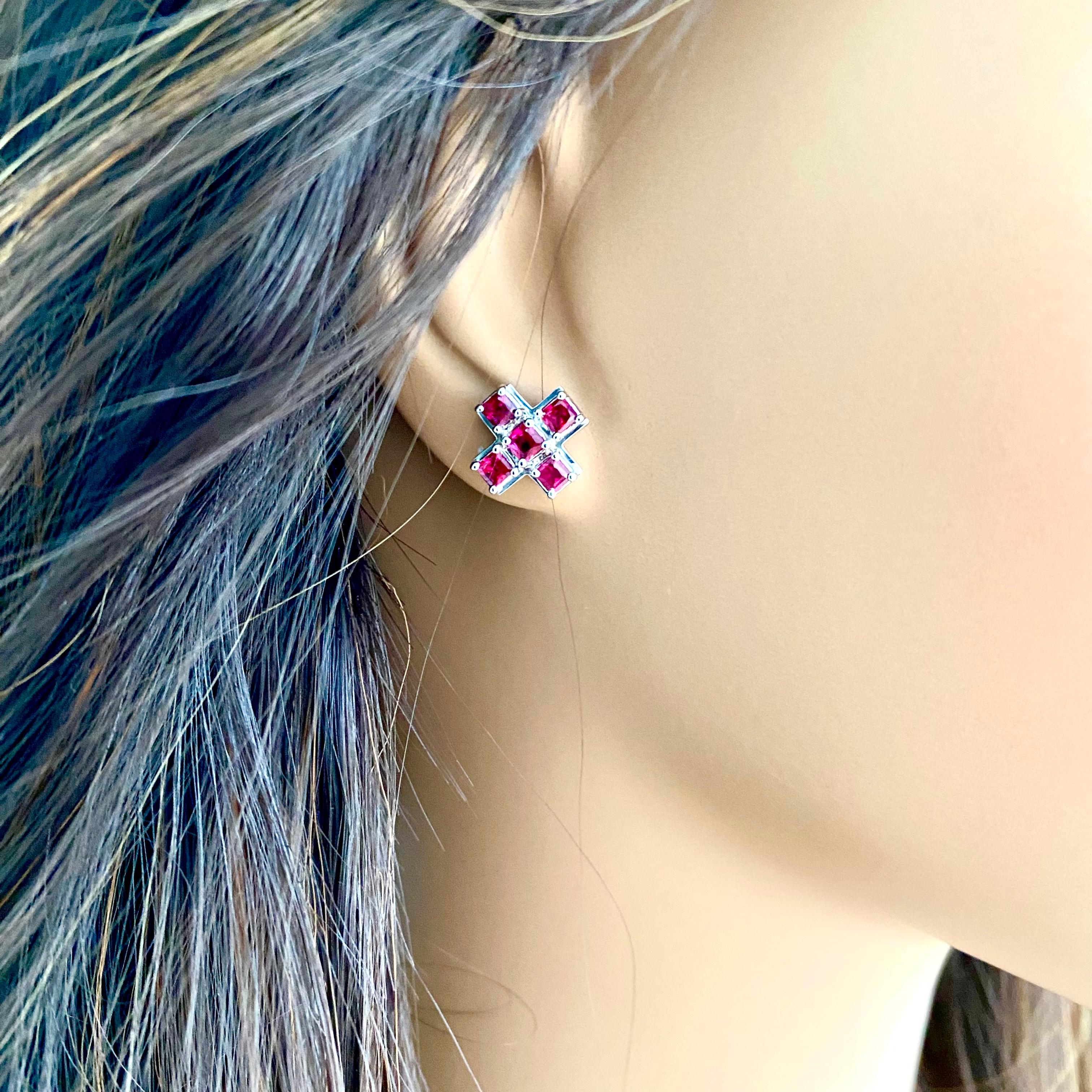 Burma Princess Rubies 2.95 Carat Eighteen Karat White Gold 0.45 Inch Earrings In New Condition In New York, NY