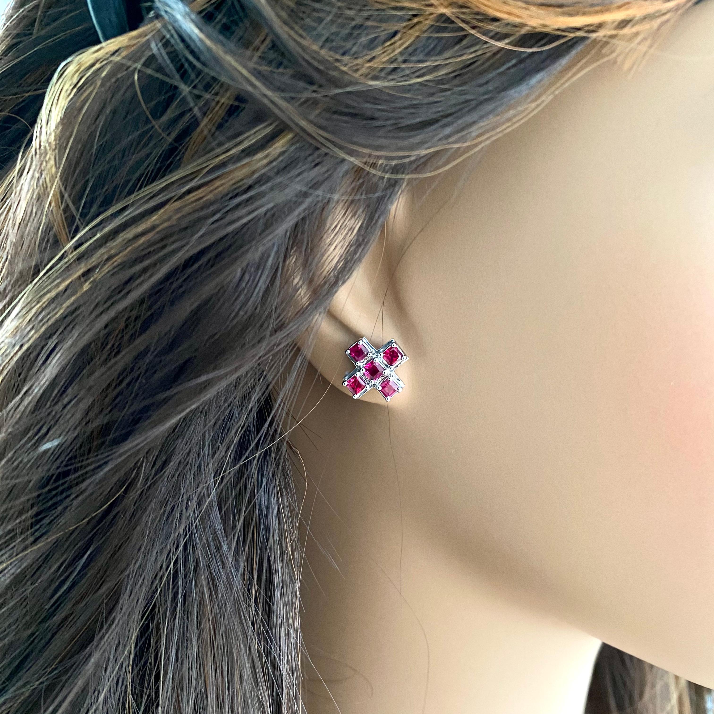 Women's or Men's Burma Princess Rubies 2.95 Carat Eighteen Karat White Gold 0.45 Inch Earrings