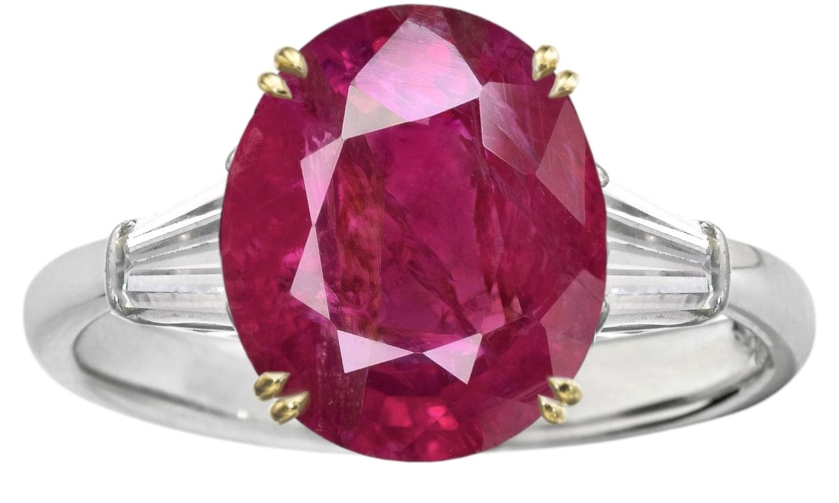 Modern Burma Red No Heat Cushion Cut 4.50 Carat Ruby Diamond Ring