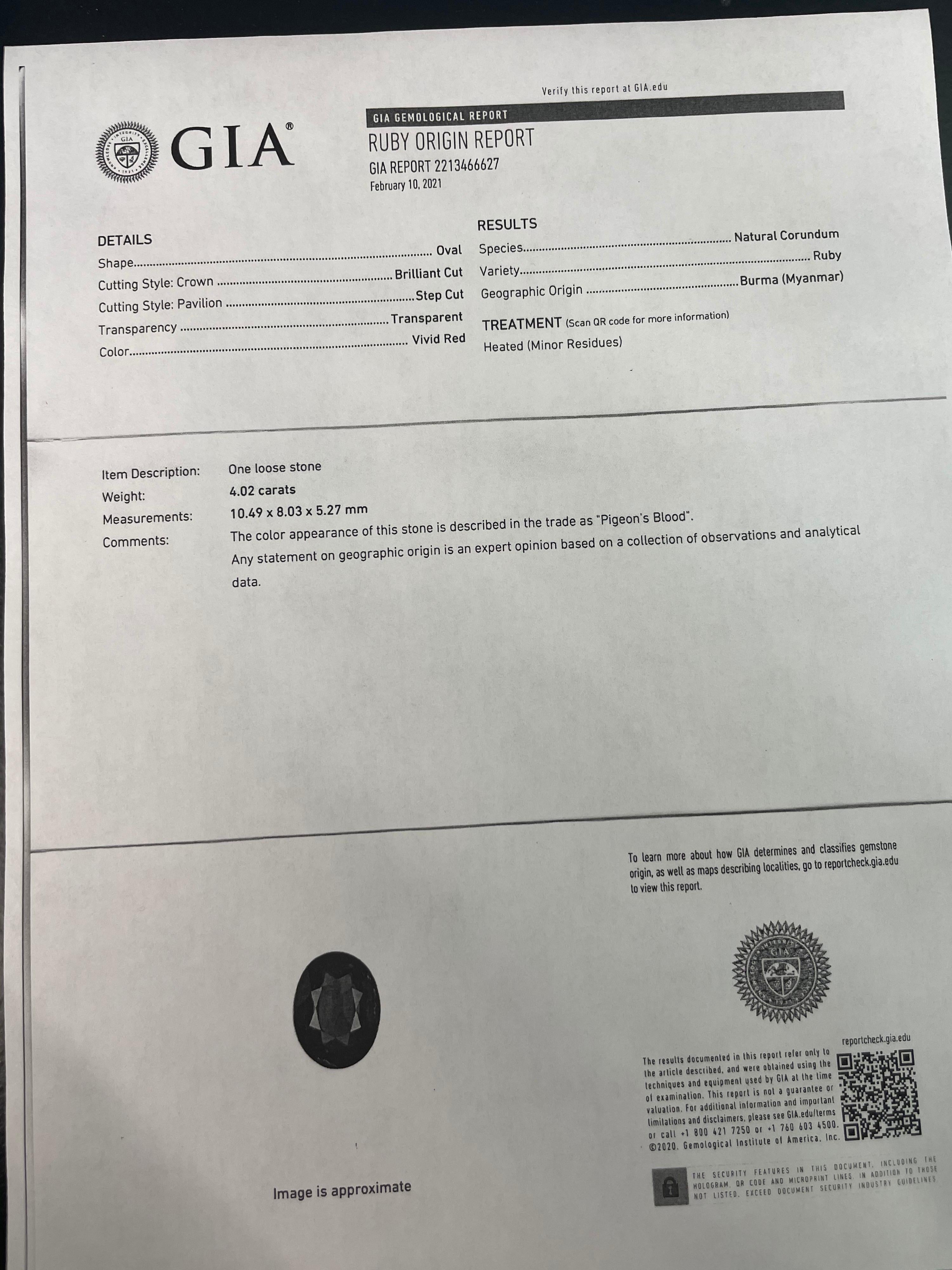 Rubino ovale rosso di Birmania certificato GRS e GIA 4,02 carati riscaldato 5