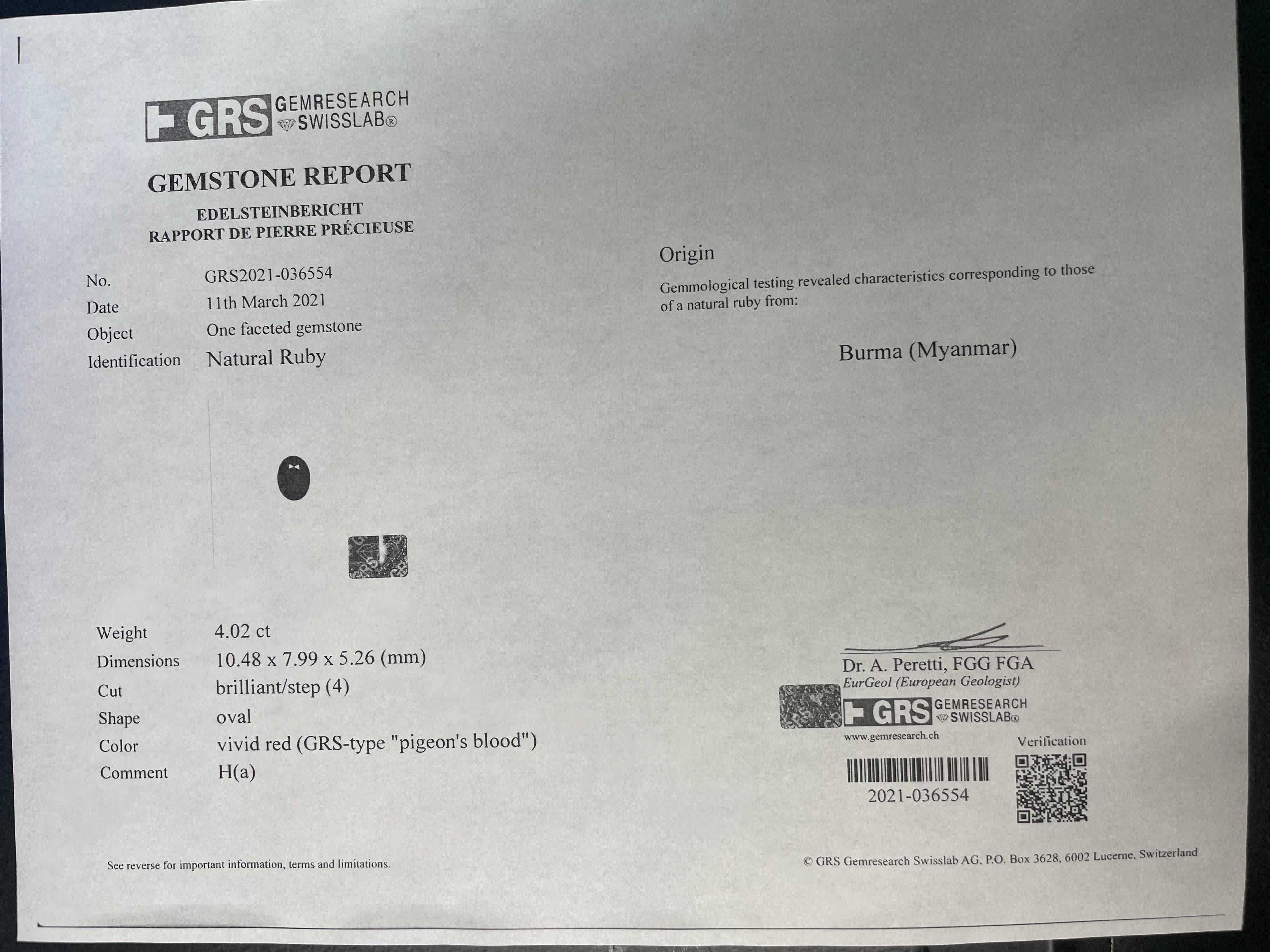 Rubino ovale rosso di Birmania certificato GRS e GIA 4,02 carati riscaldato 6