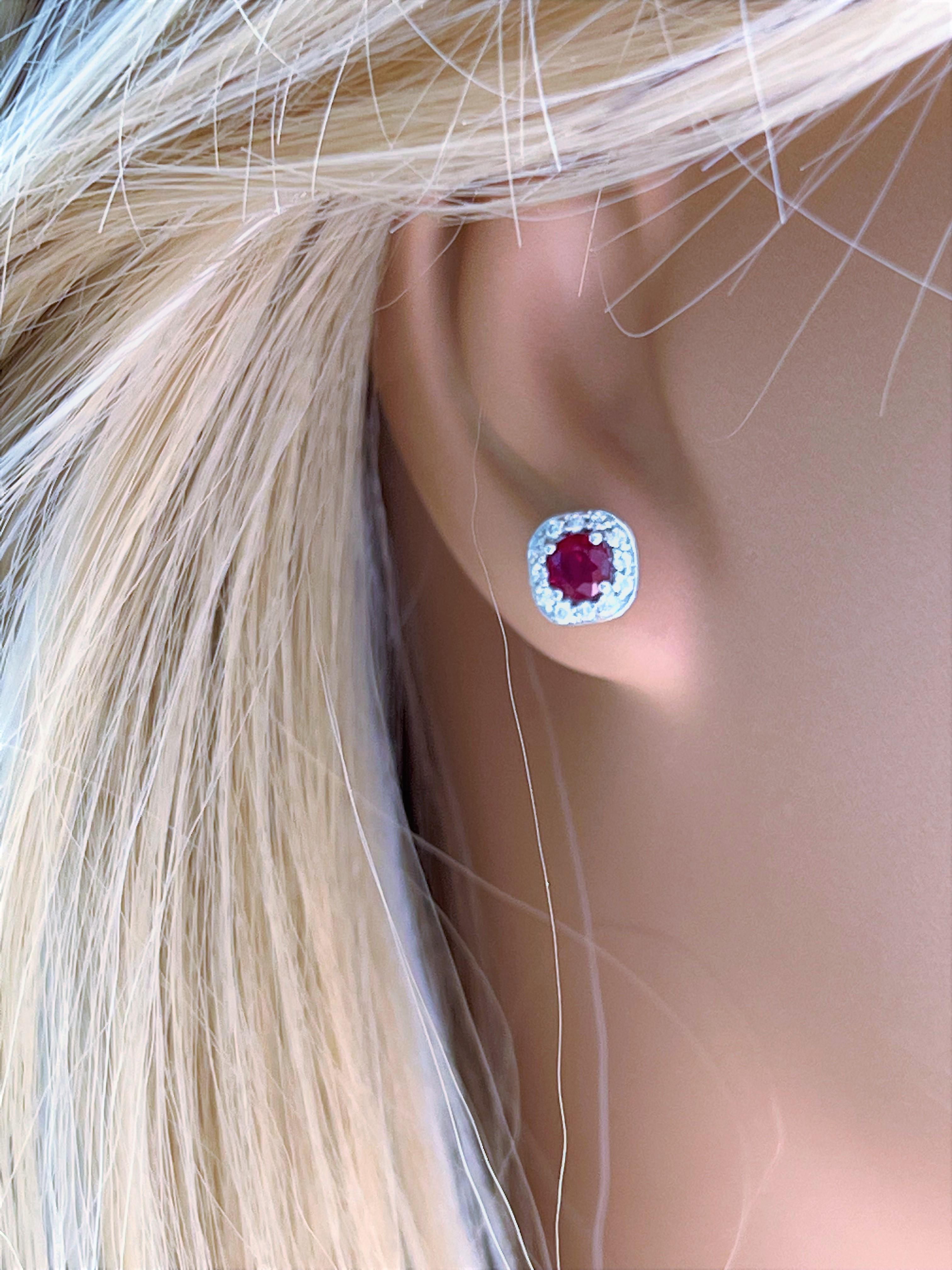 Round Cut Burma Red Ruby Diamond 1.35 Carat White Gold Square Halo 0.35 Inch Stud Earrings For Sale