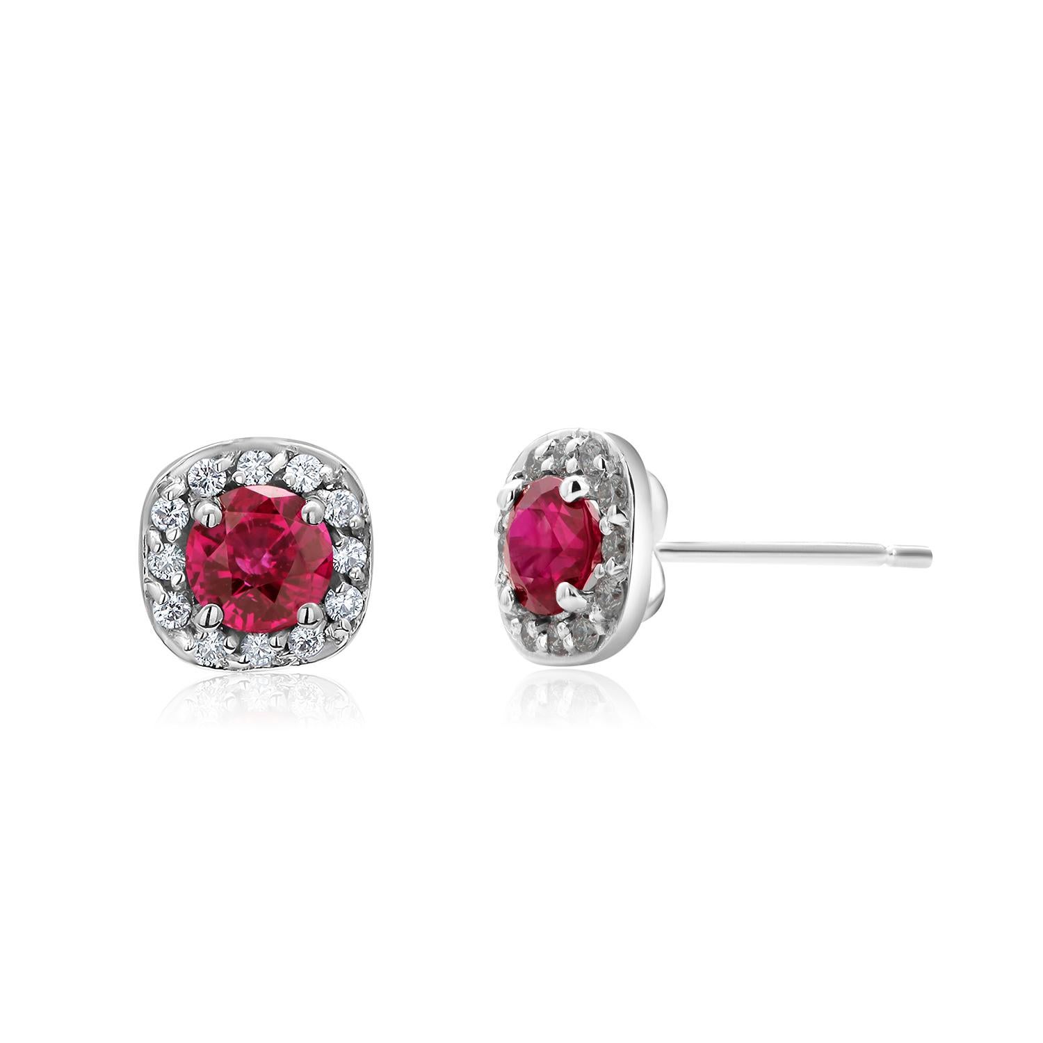 Burma Red Ruby Diamond 1.35 Carat White Gold Square Halo 0.35 Inch Stud Earrings In New Condition For Sale In New York, NY