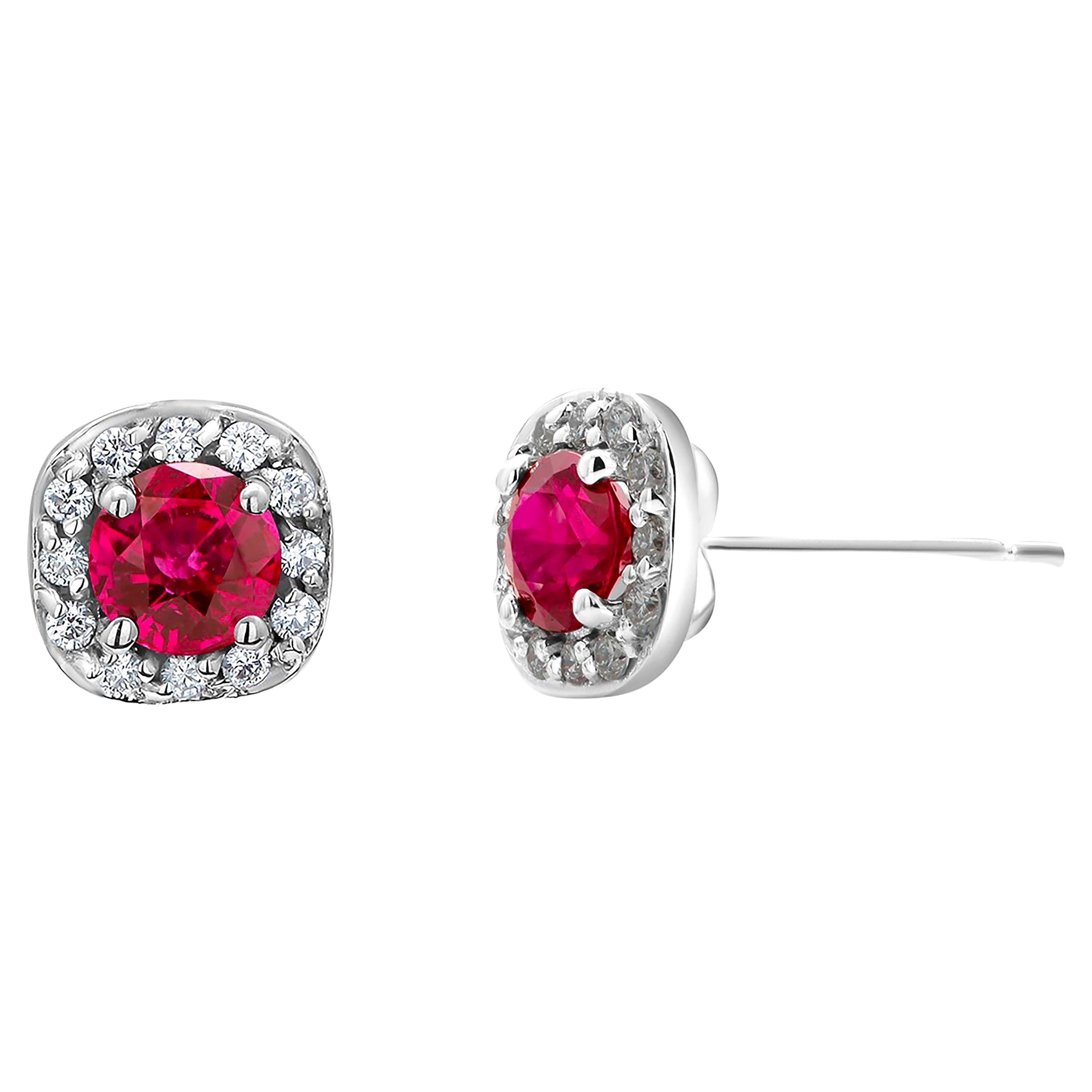 Contemporary Burma Red Ruby Diamond 1.35 Carat White Gold Square Halo 0.35 Inch Stud Earrings For Sale
