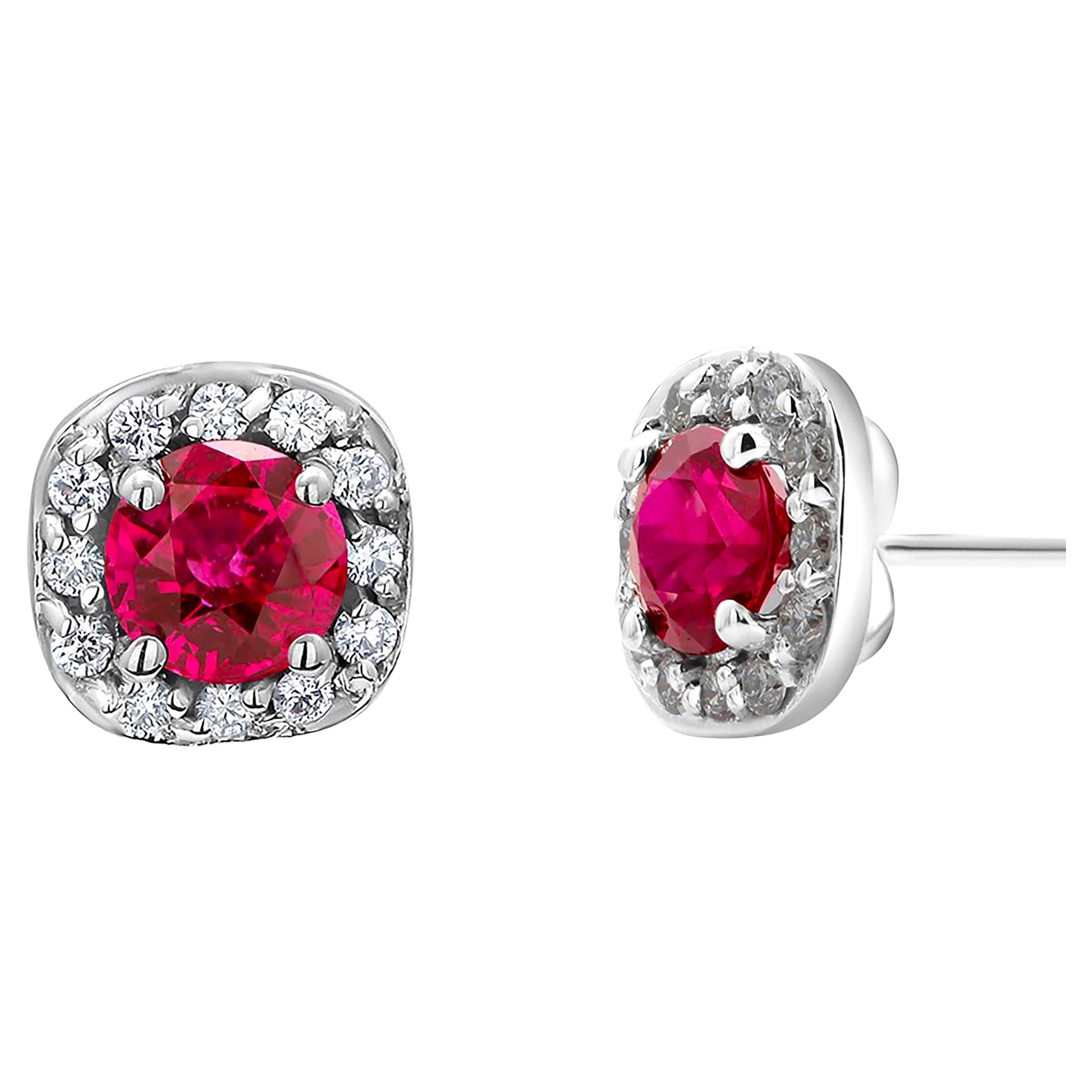 Burma Red Ruby Diamond 1.35 Carat White Gold Square Halo 0.35 Inch Stud Earrings For Sale