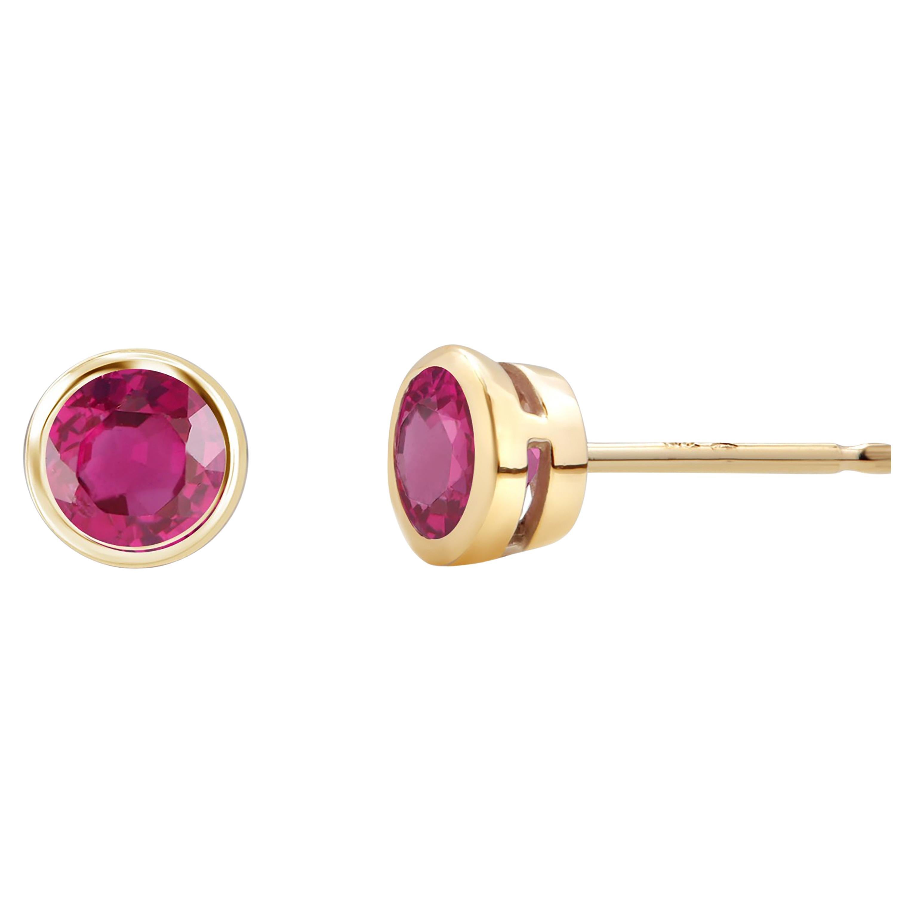 Burma Round Ruby 0.40 Carat Bezel Set Yellow Gold 0.15 Inch Stud Earrings For Sale
