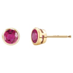 Burma Round Ruby 0.40 Carat Bezel Set Yellow Gold 0.15 Inch Stud Earrings