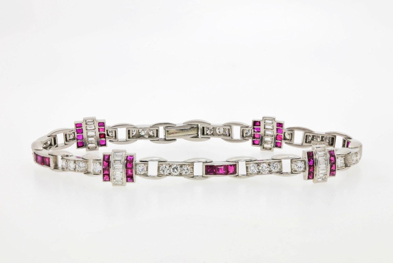 Vintage Burma Rubies and Diamond Platinum Bracelet In Excellent Condition For Sale In Beverly Hills, CA