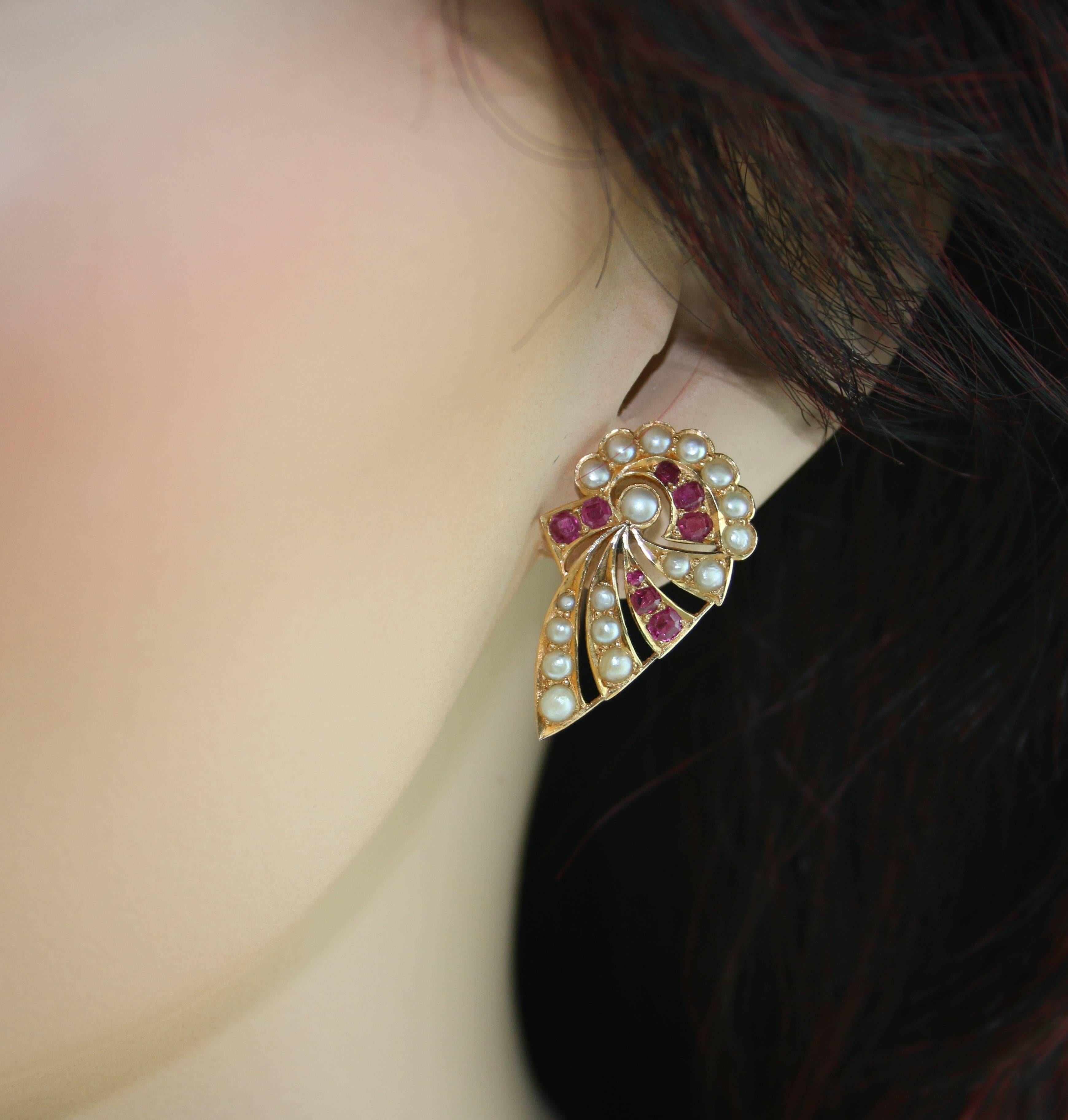 Women's Burma Rubies and Pearls Gold Earrings