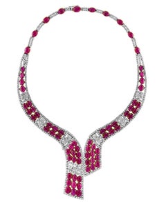 GIA Certified 112 Ct Burma Ruby Cabochon & 25 Carat Diamond Necklace Suite 18 Kt