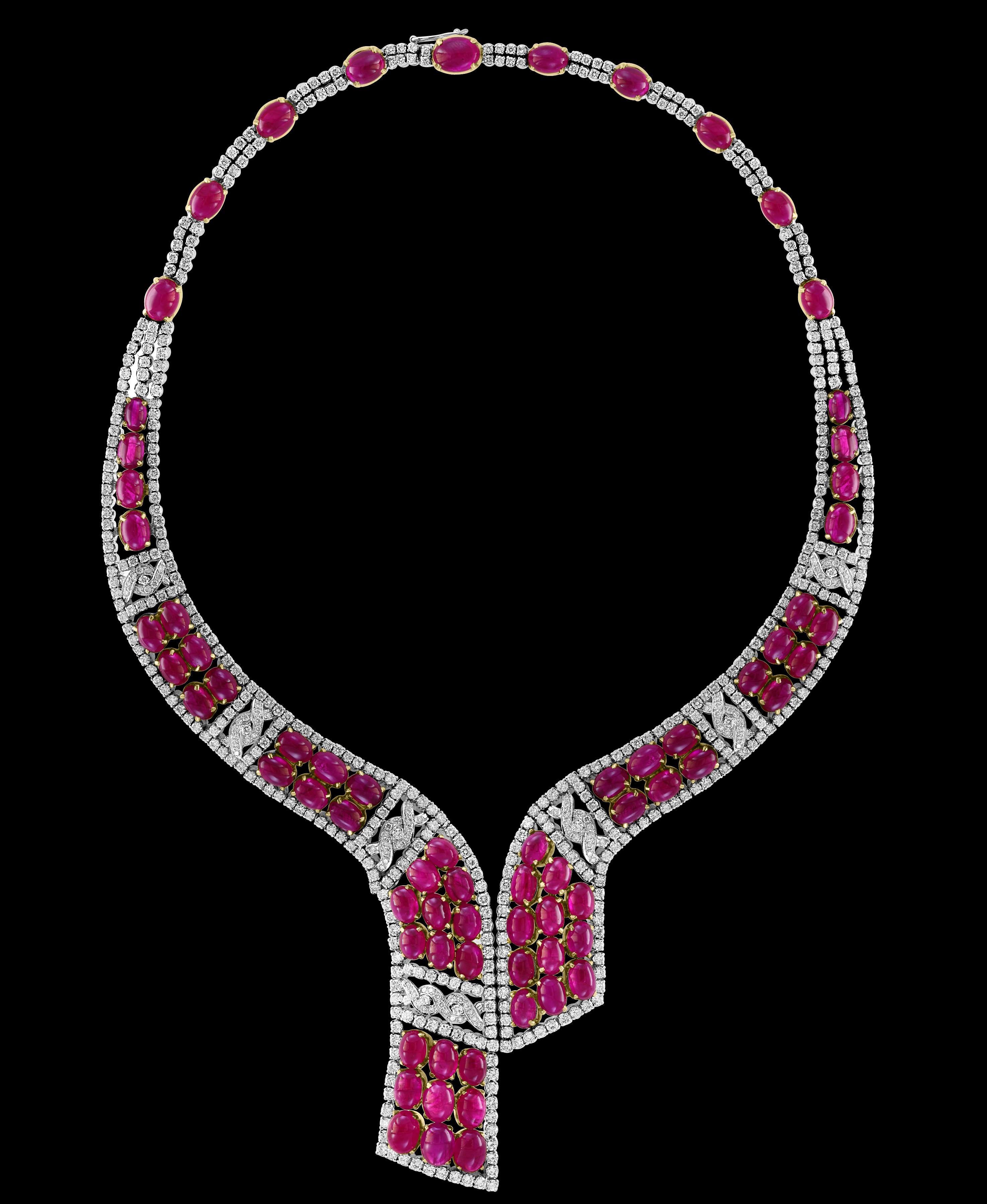 Oval Cut GIA Certified 112 Ct Burma Ruby Cabochon & 25 Carat Diamond Necklace Suite 18 Kt