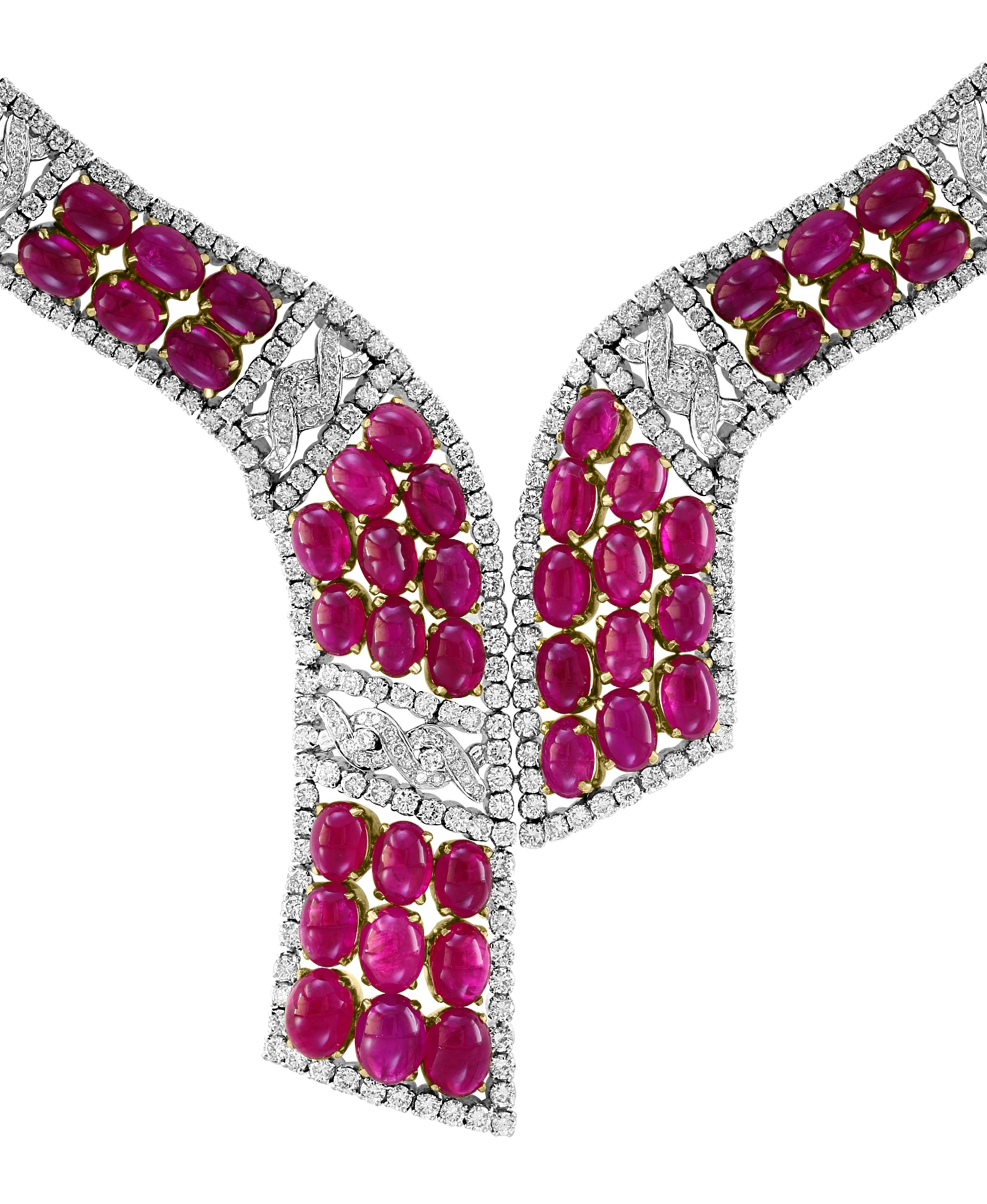 Women's GIA Certified 112 Ct Burma Ruby Cabochon & 25 Carat Diamond Necklace Suite 18 Kt