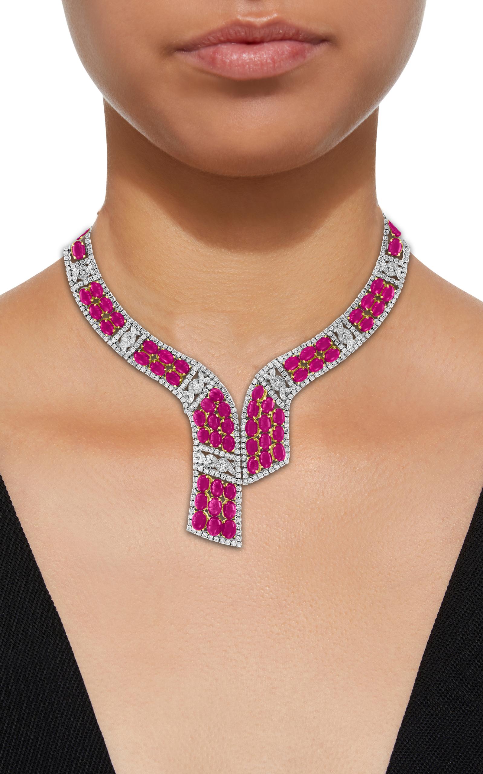 GIA Certified 112 Ct Burma Ruby Cabochon & 25 Carat Diamond Necklace Suite 18 Kt 2