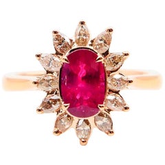 Antique Burma Ruby 1.14 Carat and Marquise Diamond Flower Cocktail Ring, 18 Karat Gold