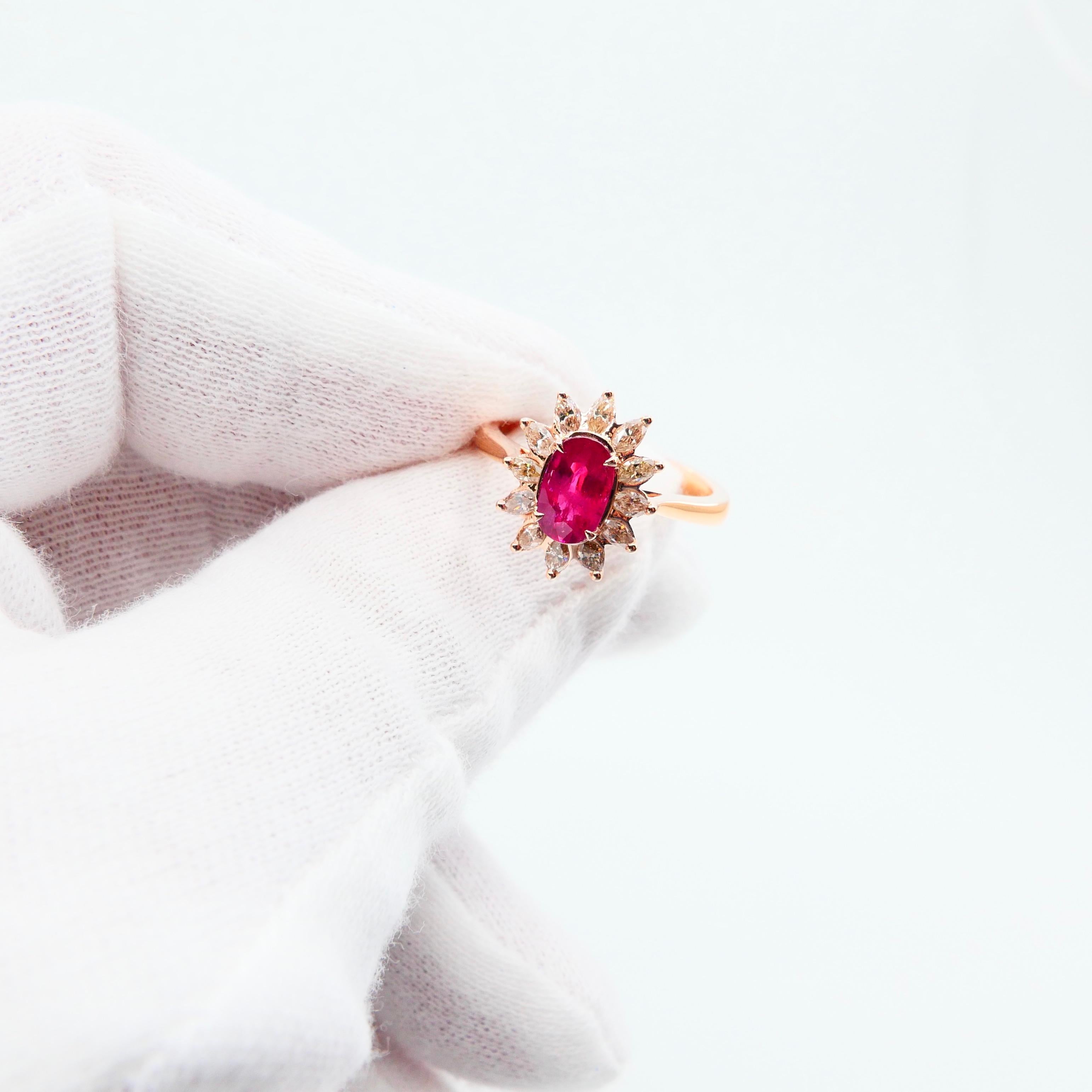 Anillo Flor de Rubí Rojo Sangre de Paloma de Birmania y Diamante Marquesa. Oro rosa de 18k. en venta 2