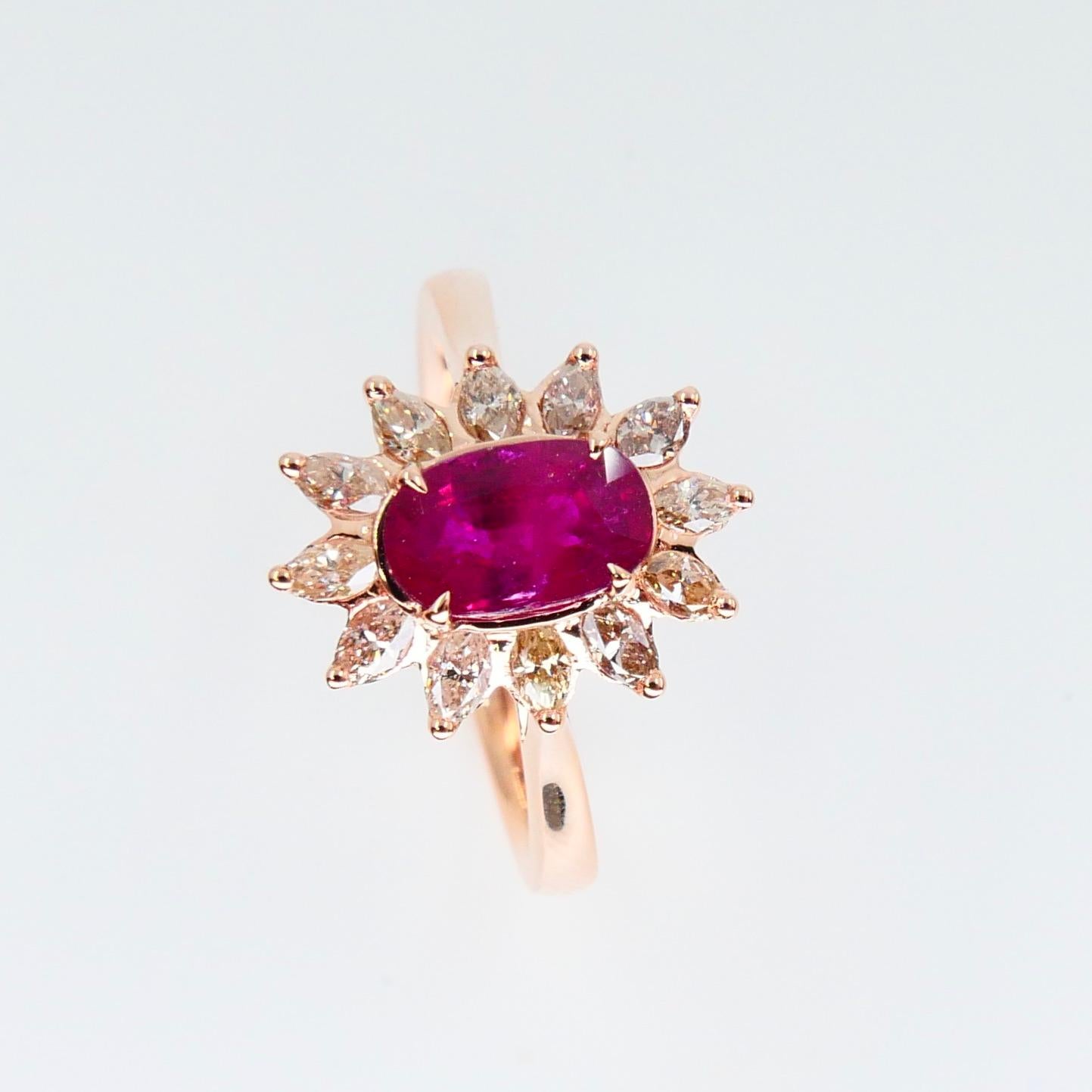 Contemporary Burma Ruby 1.14 Carat and Marquise Diamond Flower Cocktail Ring, 18 Karat Gold For Sale