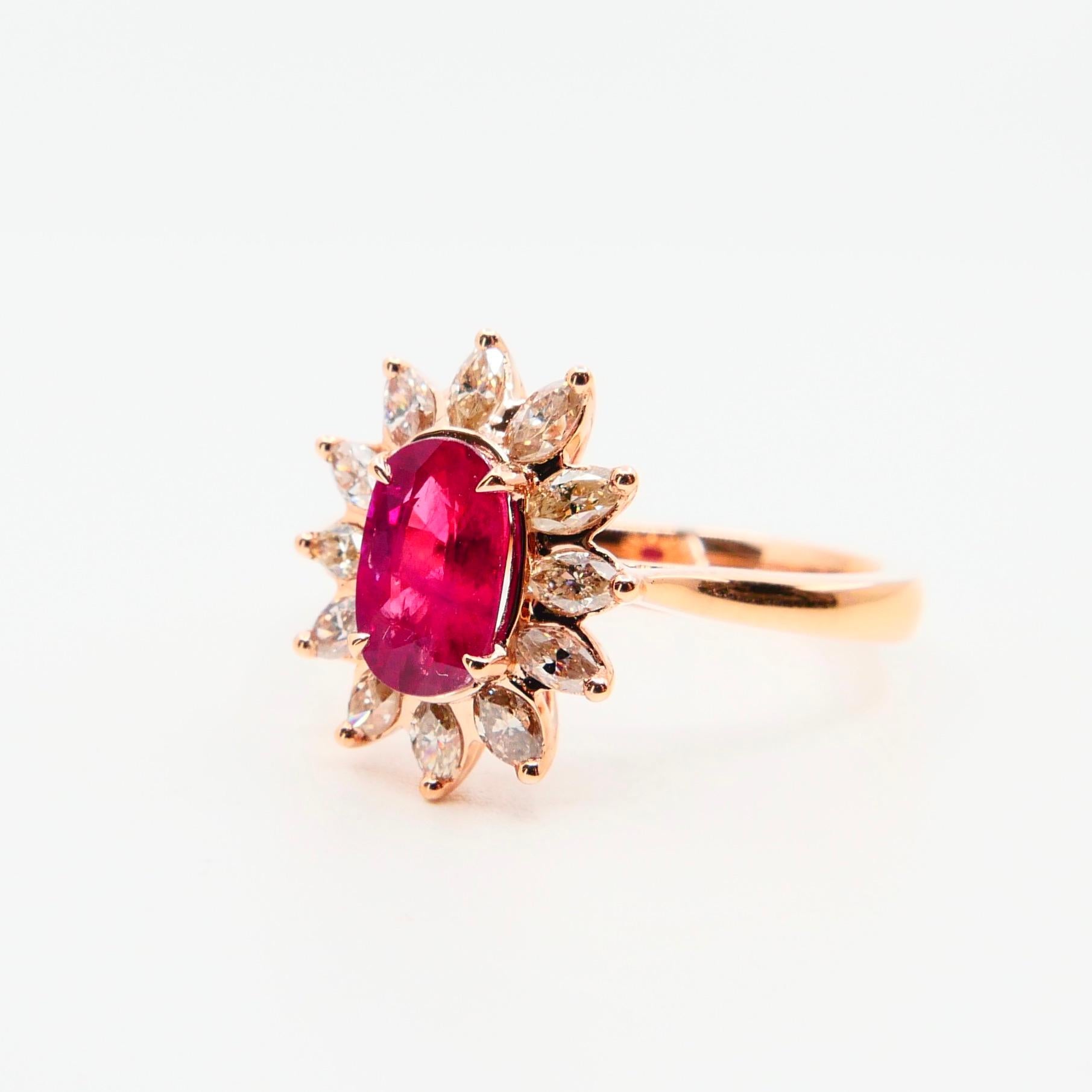 Oval Cut Burma Ruby 1.14 Carat and Marquise Diamond Flower Cocktail Ring, 18 Karat Gold For Sale