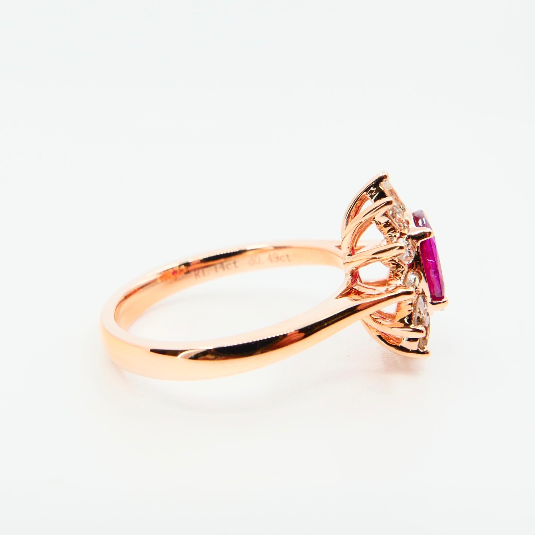 Anillo Flor de Rubí Rojo Sangre de Paloma de Birmania y Diamante Marquesa. Oro rosa de 18k. en venta 1