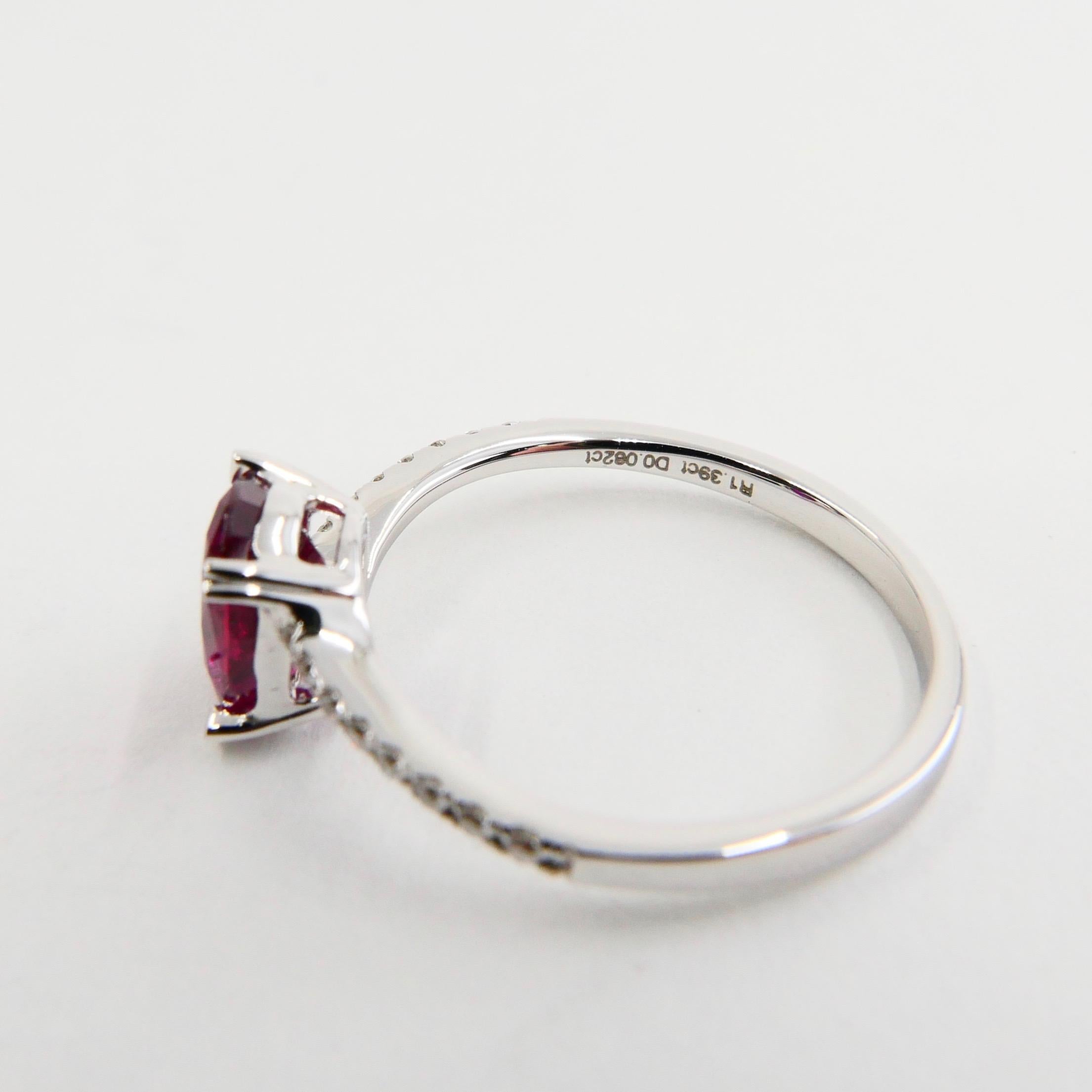 Oval Cut Burma Ruby 1.39 Carat and Diamond Ring, 18 Karat Gold, Heart Shaped Prongs For Sale