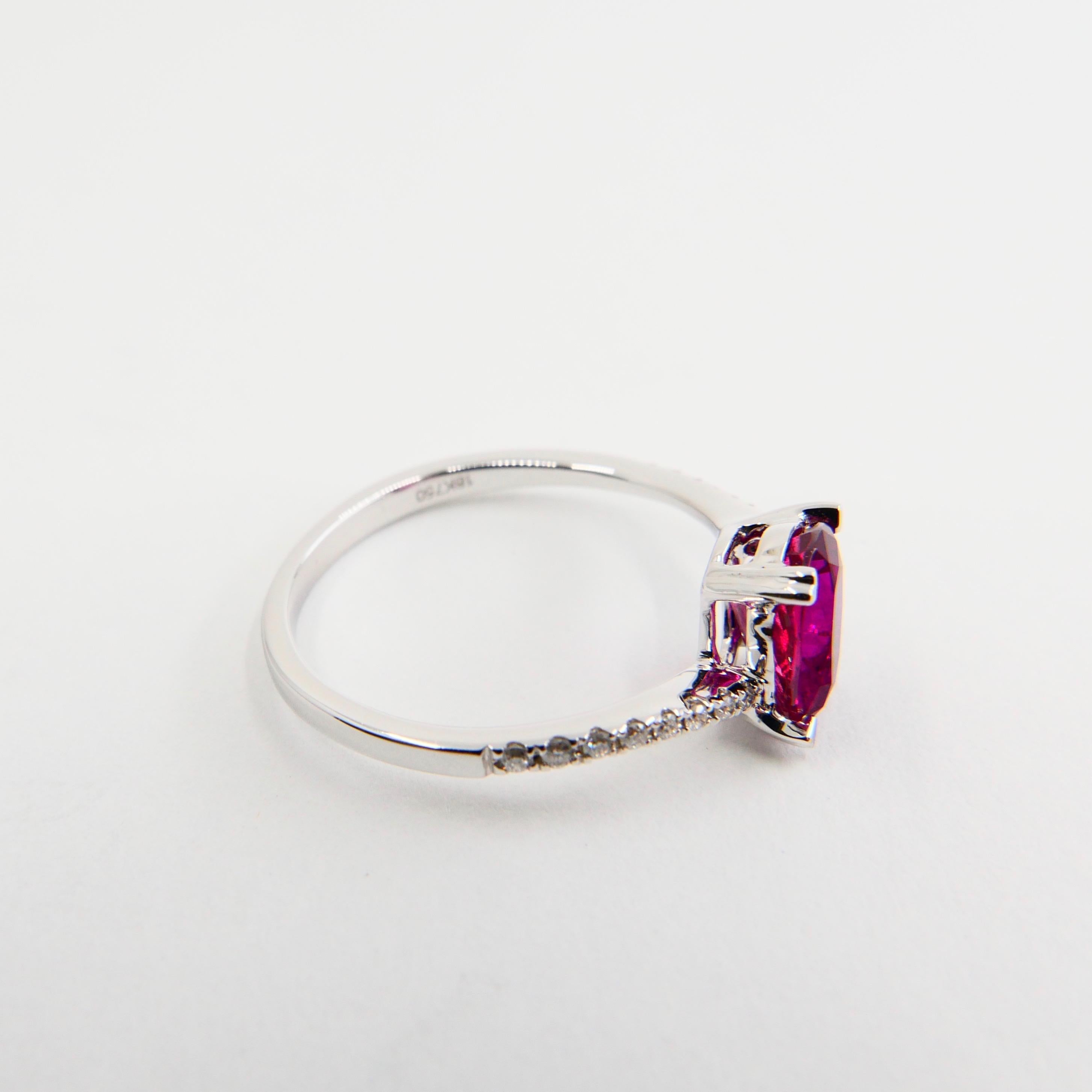 Women's Burma Ruby 1.39 Carat and Diamond Ring, 18 Karat Gold, Heart Shaped Prongs For Sale