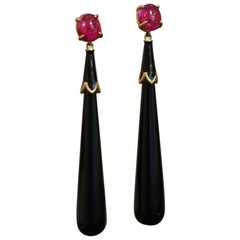 Burma Ruby, 18 Karat Gold, Black Onyx and Enamel Renaissance Inspired Earrings
