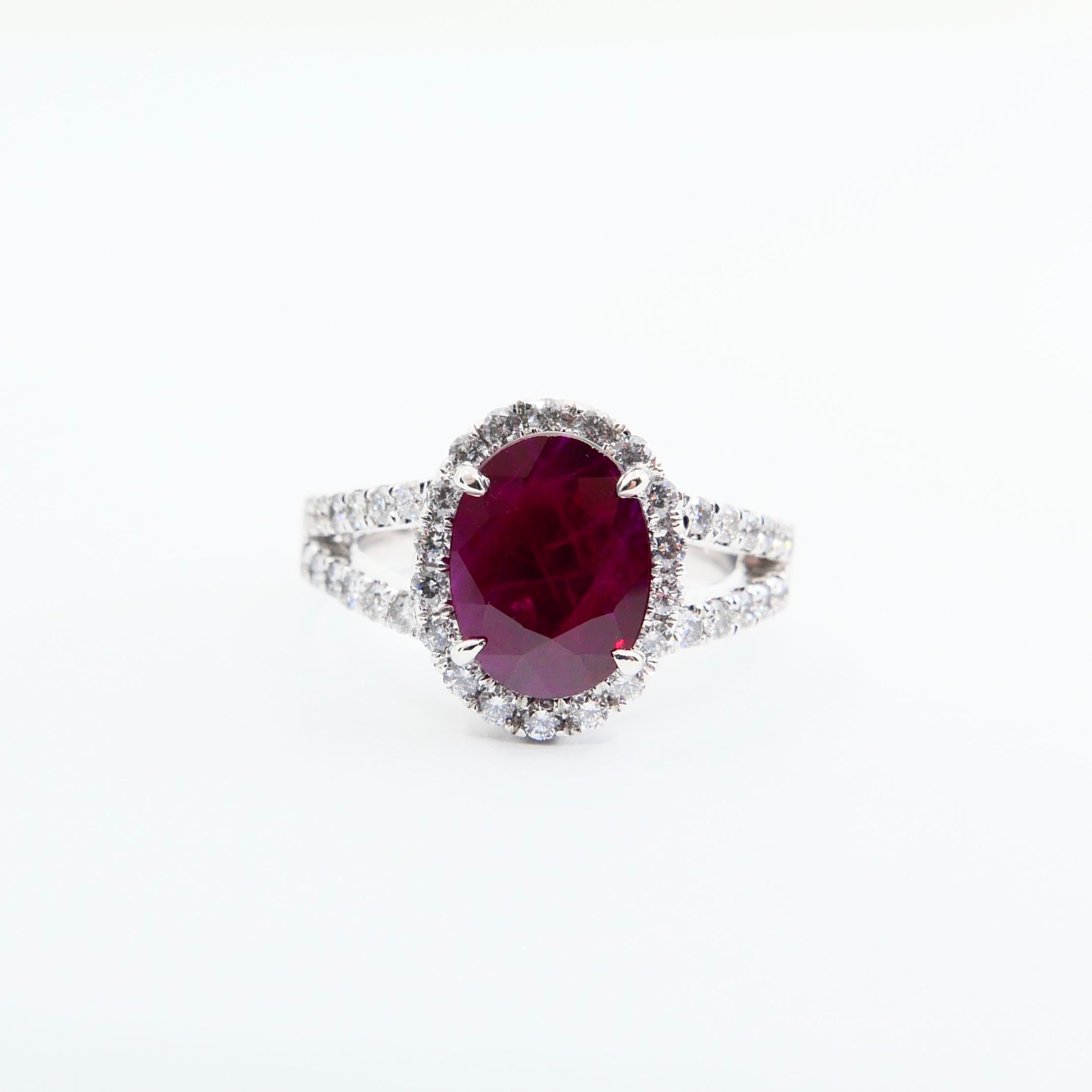 Oval Cut Certified Natural Ruby 2.56 Carat and Diamond Cocktail Ring, 18 Karat White Gold