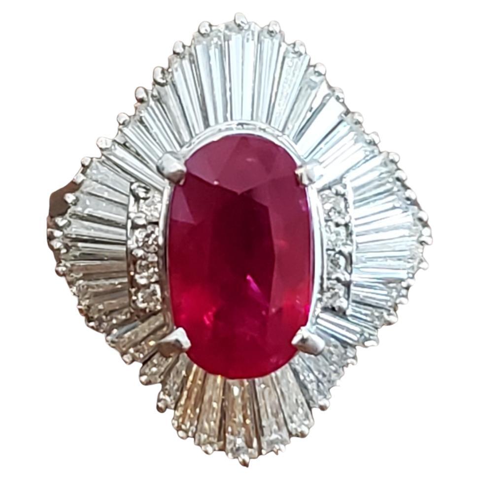 Burma Ruby 3.19ct Oval Vivid Red Pigeons Blood Ruby GIA Platinum 1.78tcw diamond For Sale
