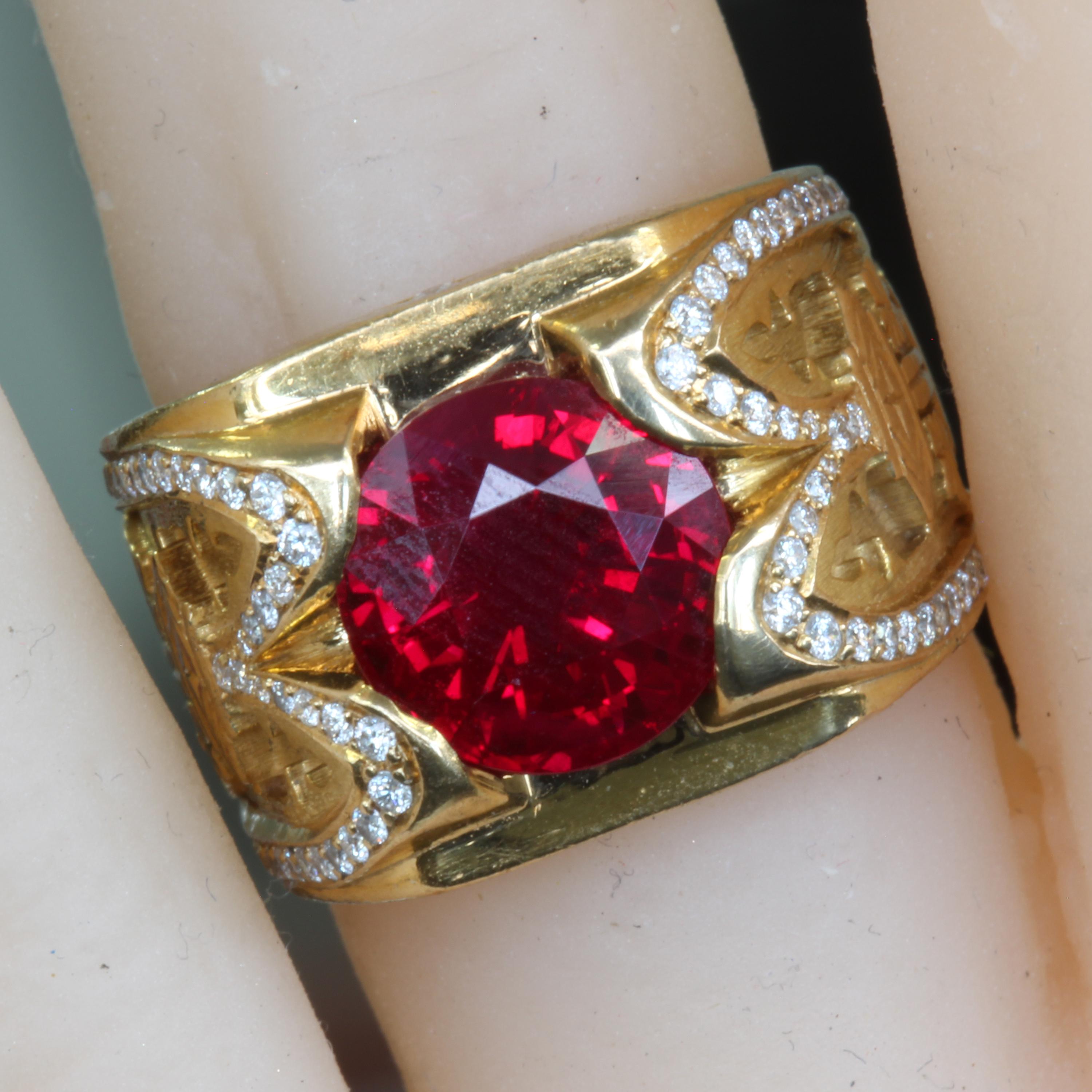 This is a custom ring created and designed by us Ben Dannie, if you like the setting but want to use your own stone or a less expensive one contact us through first dibs messaging. The finger size currently is for a mens pinky ring about size 3, if