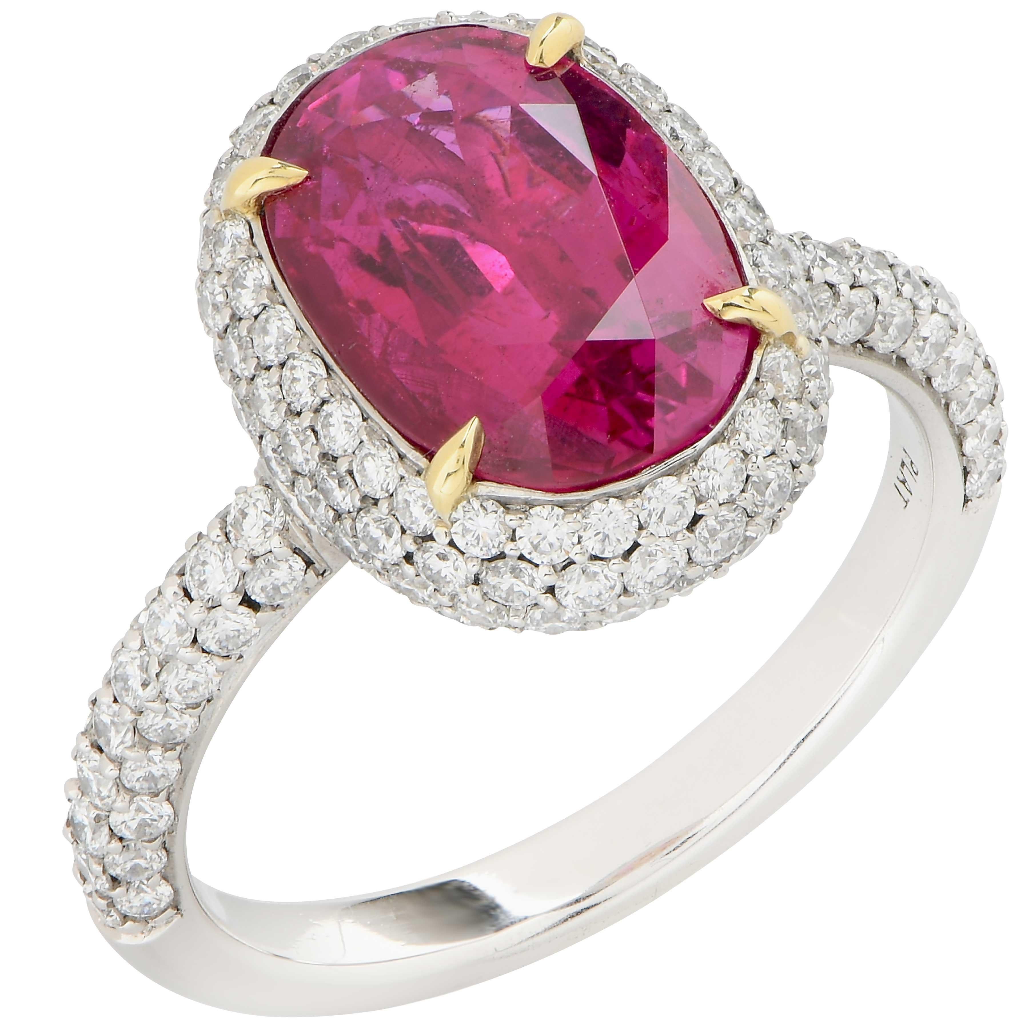 3.7 Carat Burma No Heat AGL Graded Ruby set in Platinum mounting with 166 round brilliant cut diamonds with a total weight of 1.22 carats. Ruby Color: RED.
Size 6.5
Metal Weight: 7.1 Grams
 