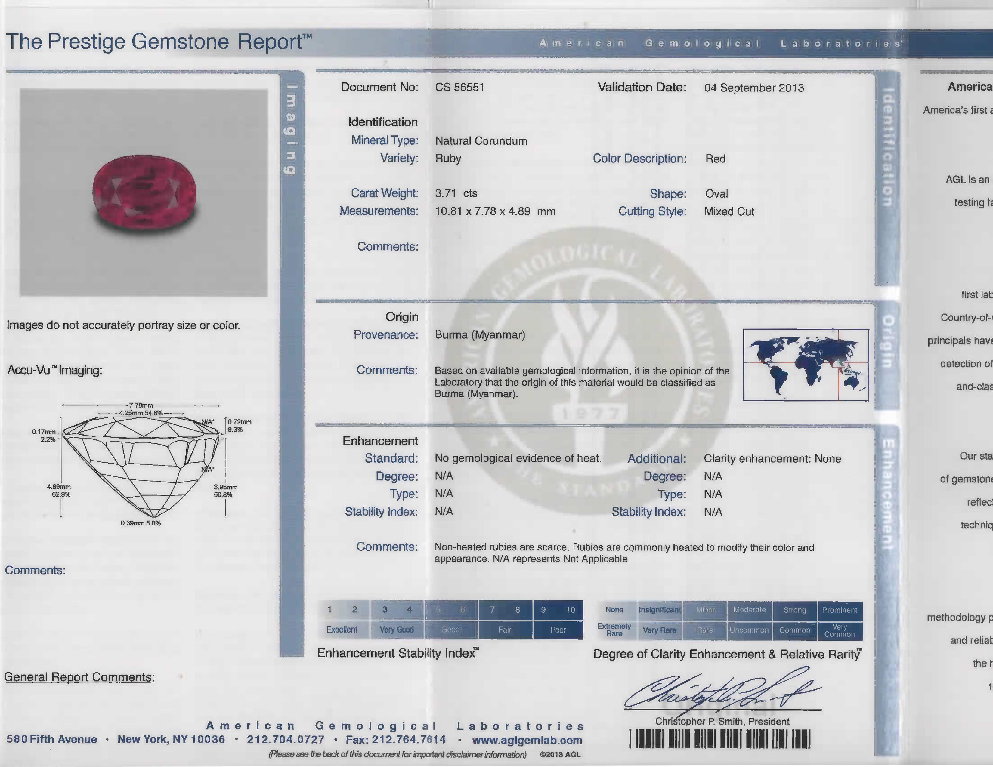 Modern Burma Ruby AGL Graded No Heat 3.7 Carats Platinum and Diamond Ring For Sale