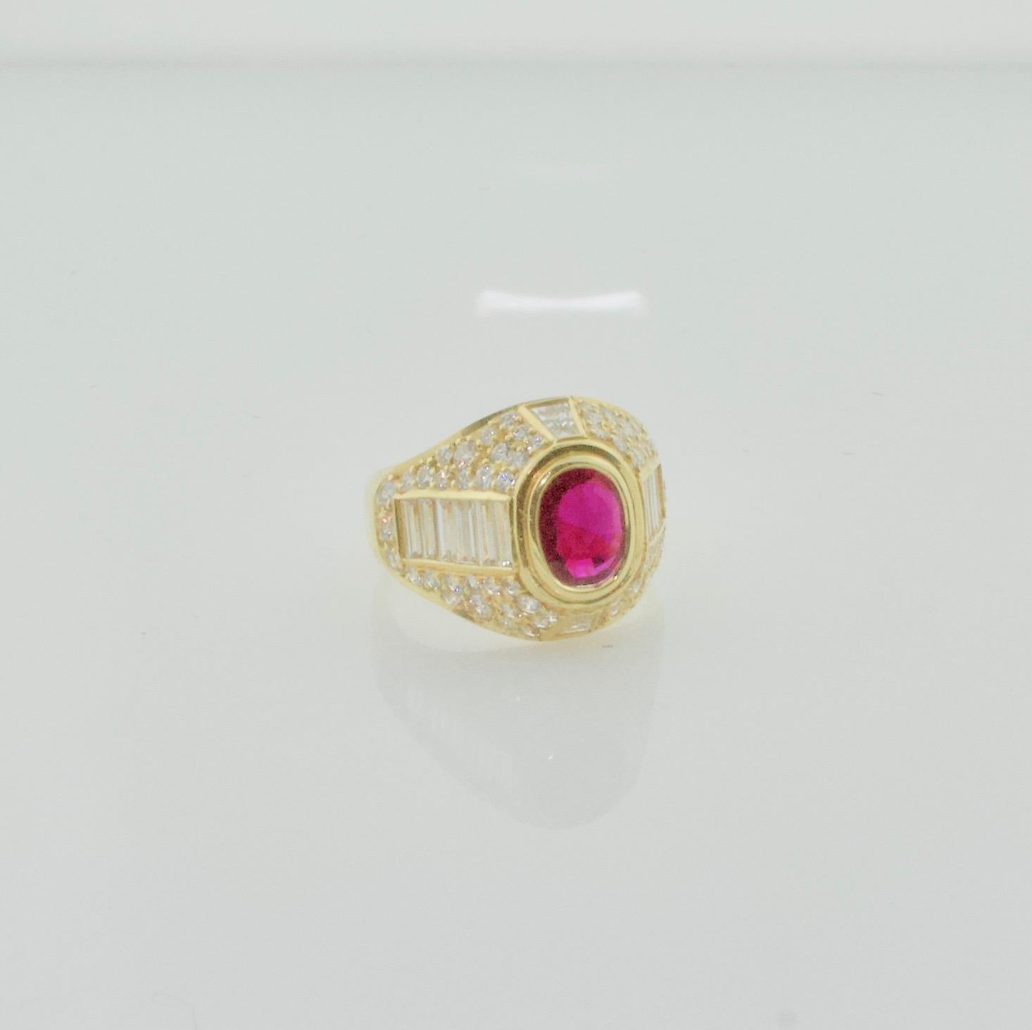 Burma Ruby and Diamond Cigar Band Style Ring in 18k Yellow Gold For Sale 1